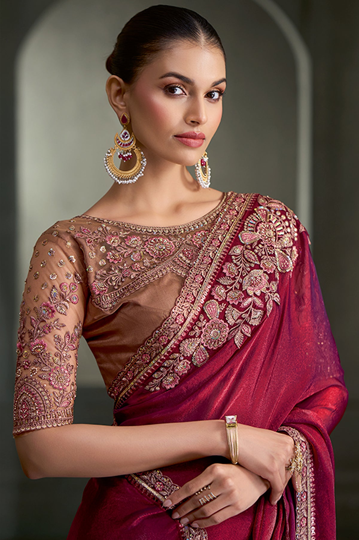 Wine Embroidered Tissue Satin Silk Saree-SAR13290_4_SareeButa.com