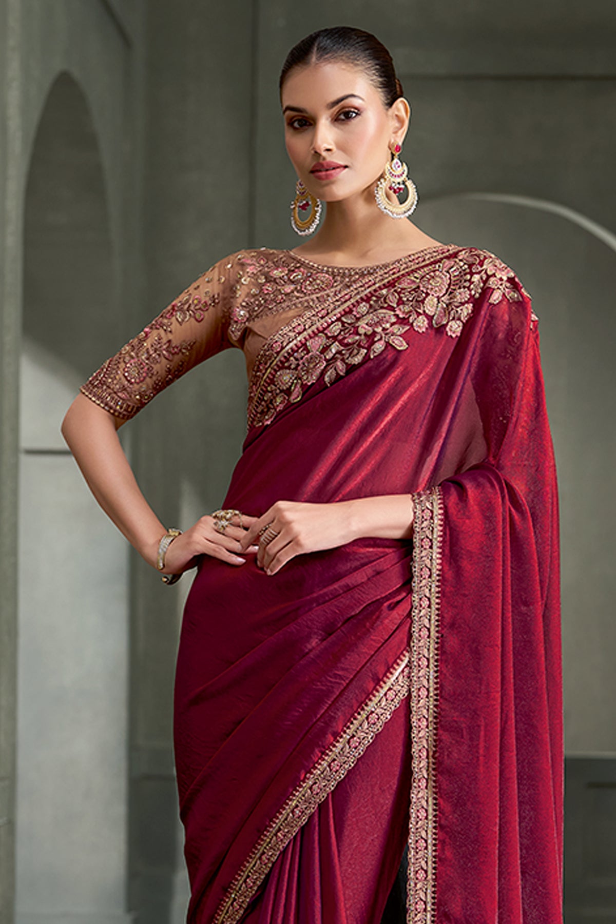 Wine Embroidered Tissue Satin Silk Saree-SAR13290_5_SareeButa.com