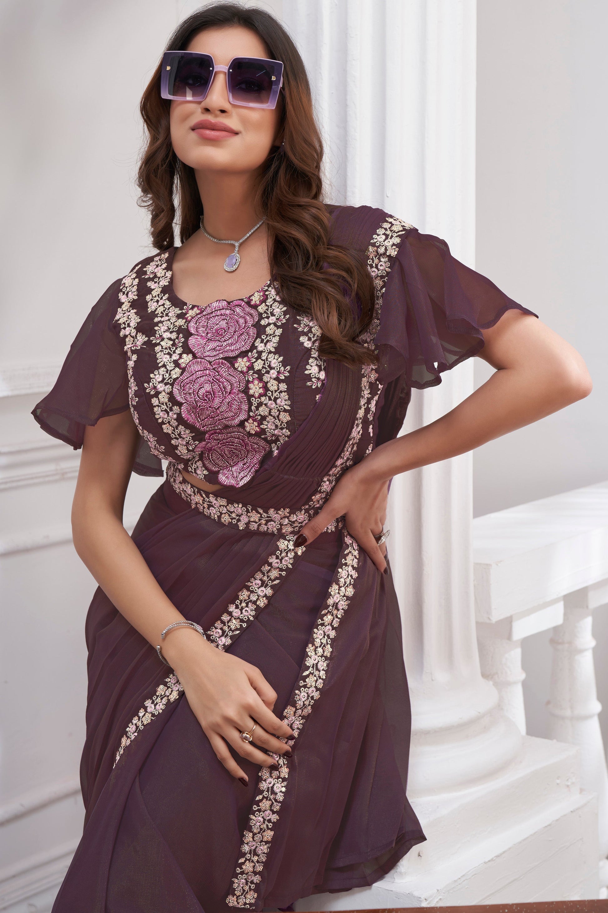 Wine Georgette Readymade Saree With Stitched Blouse-ZB133687_2_SareeButa.com