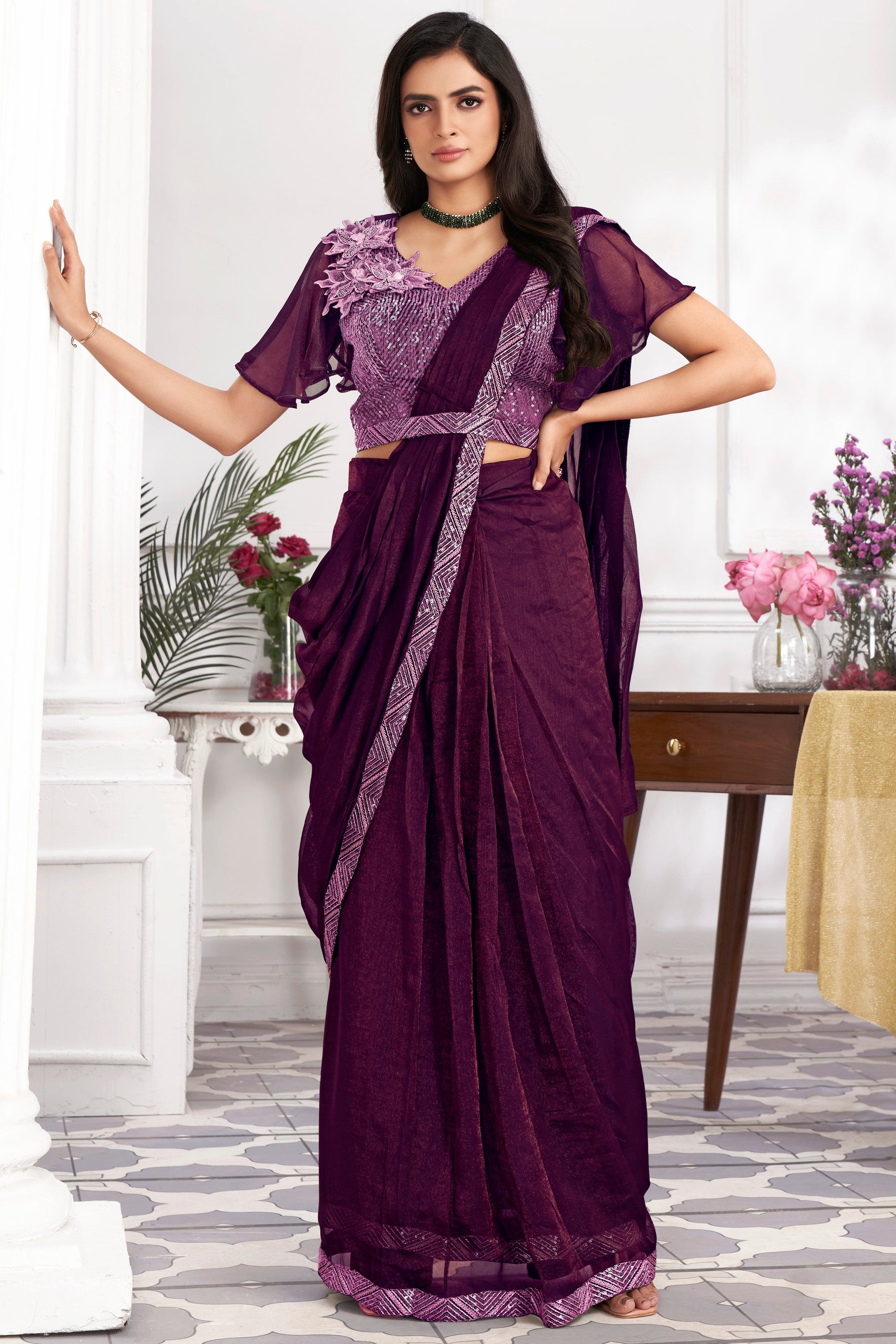 Wine Georgette Readymade Saree With Stitched Blouse-ZB133693_1_SareeButa.com