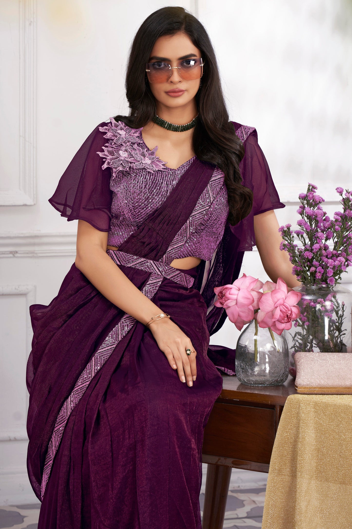 Wine Georgette Readymade Saree With Stitched Blouse-ZB133693_2_SareeButa.com