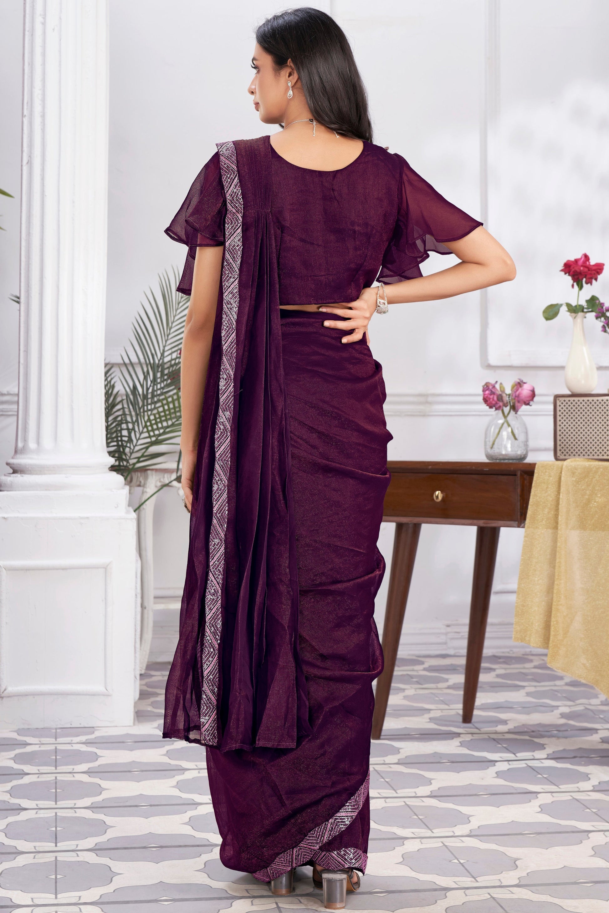 Wine Georgette Readymade Saree With Stitched Blouse-ZB133693_3_SareeButa.com