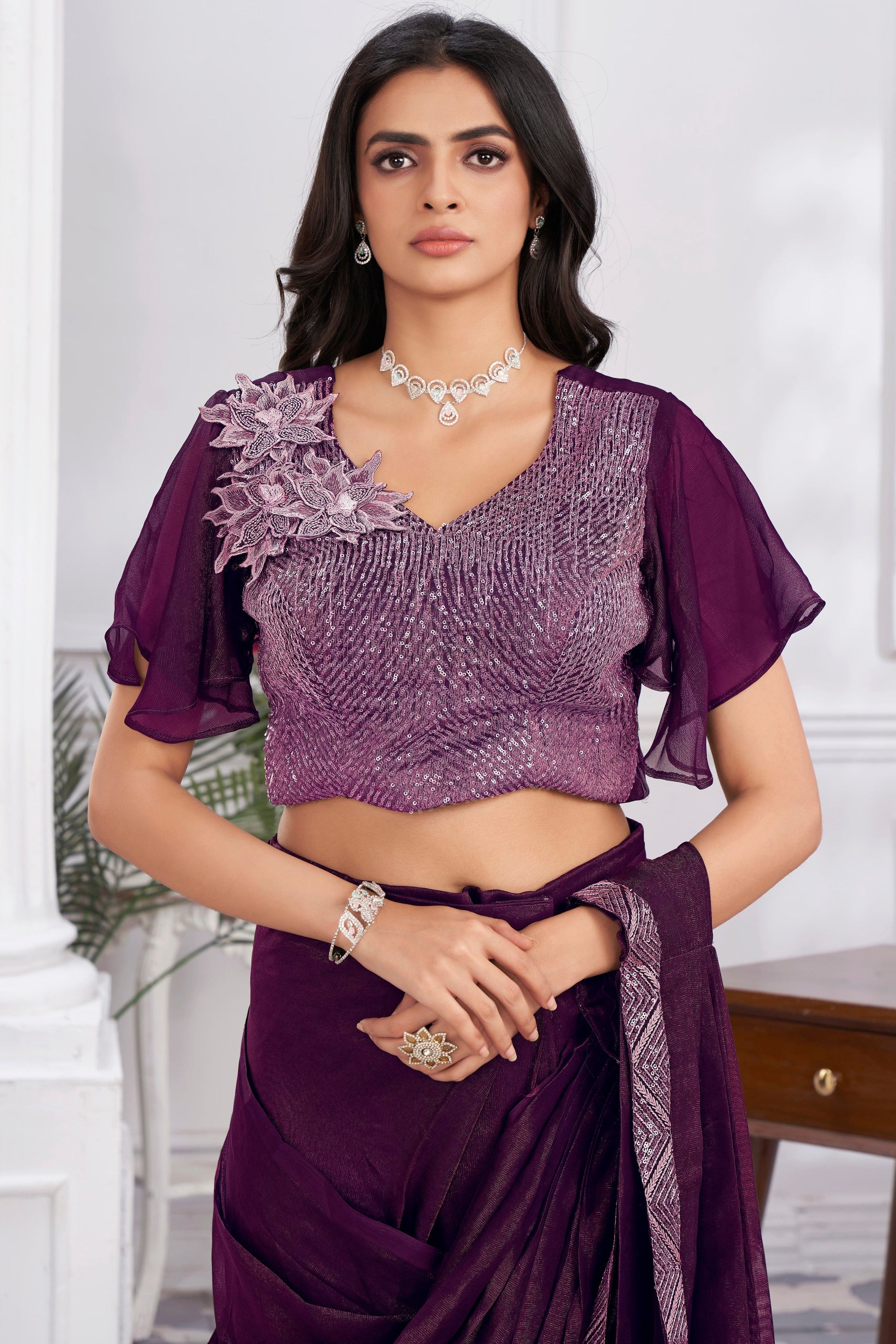 Wine Georgette Readymade Saree With Stitched Blouse-ZB133693_4_SareeButa.com