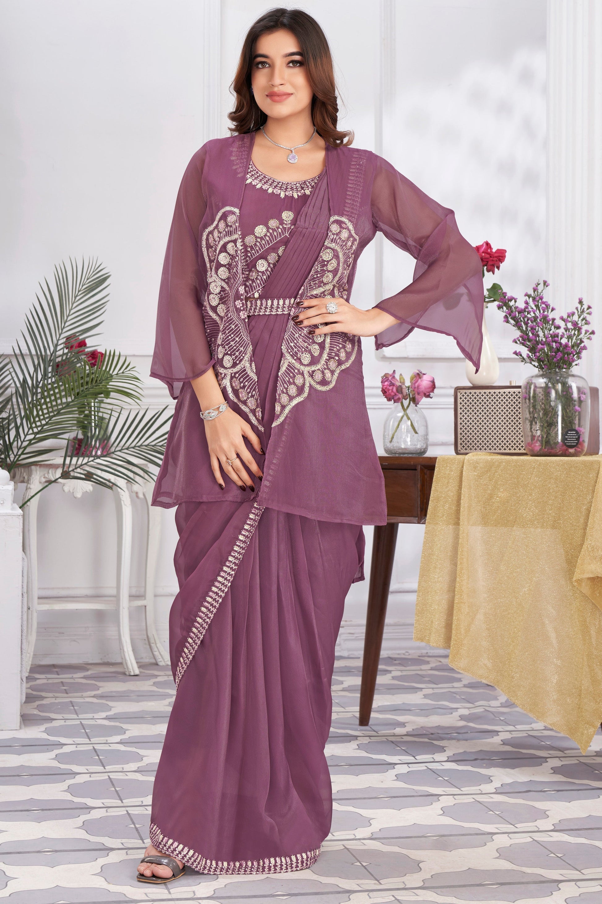Wine Georgette Readymade Saree With Stitched Blouse-ZB133699_1_SareeButa.com