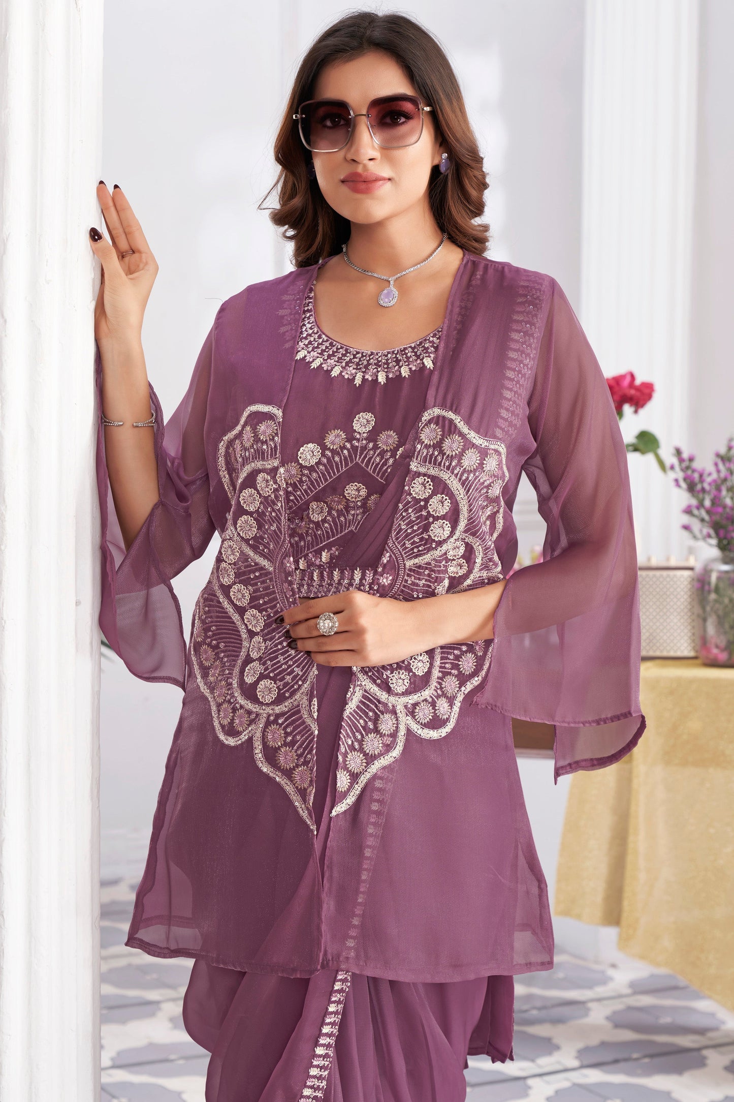 Wine Georgette Readymade Saree With Stitched Blouse-ZB133699_2_SareeButa.com