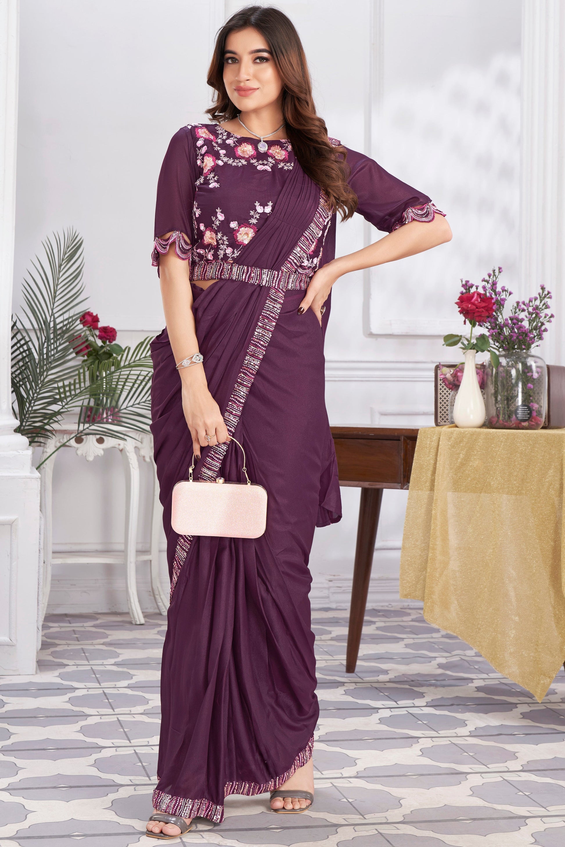 Wine Georgette Readymade Saree With Stitched Blouse-ZB133702_1_SareeButa.com