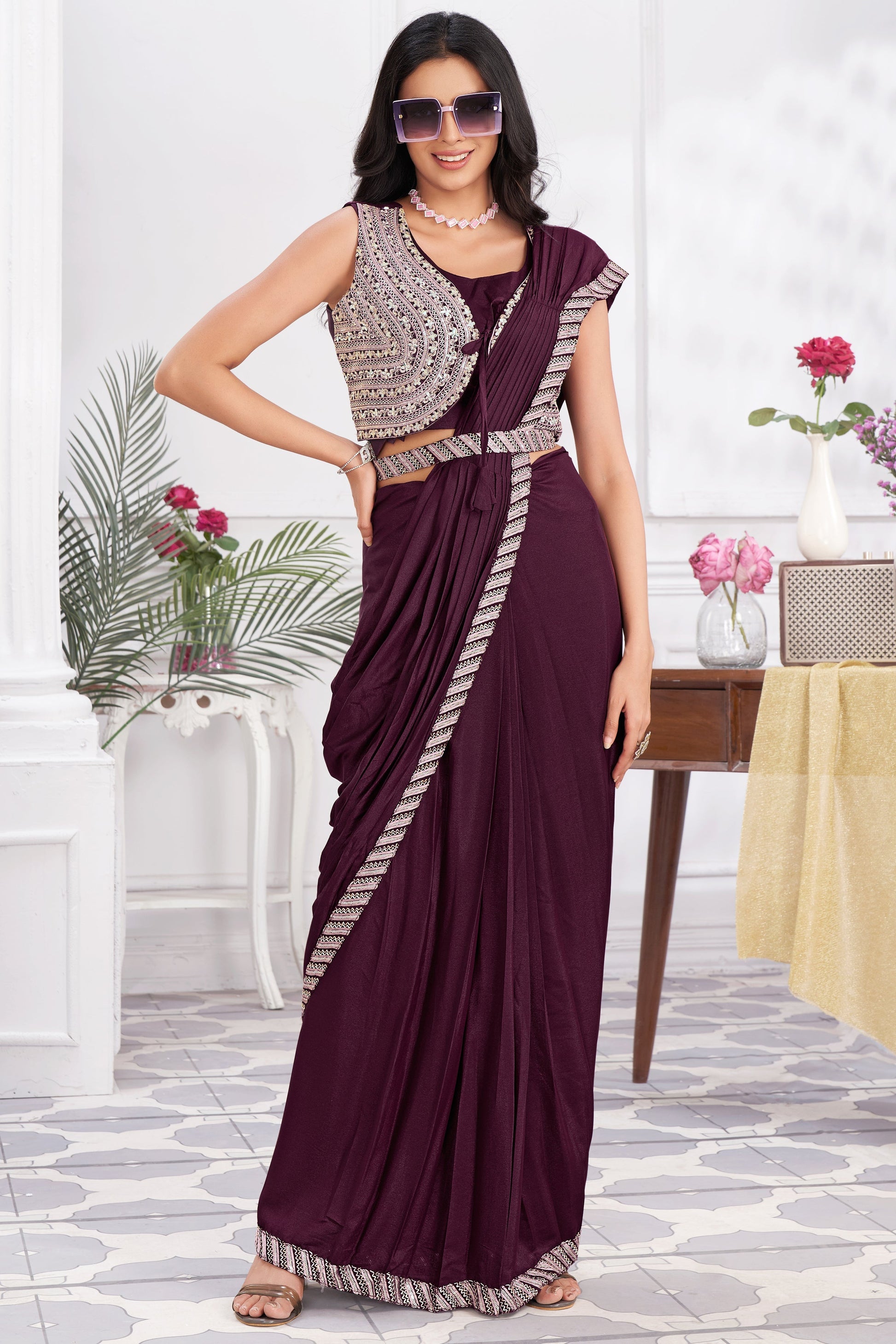 Wine Georgette Readymade Saree With Stitched Blouse-ZB133705_1_SareeButa.com
