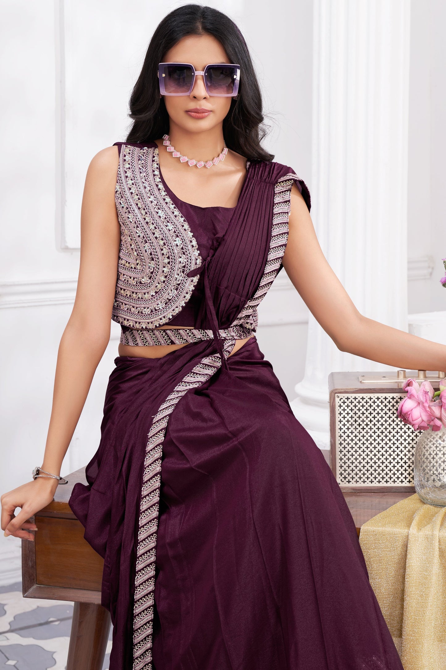 Wine Georgette Readymade Saree With Stitched Blouse-ZB133705_2_SareeButa.com