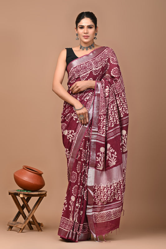 wine-handblock-print-cotton-linen-saree-zb132594_1_SareeButa.com