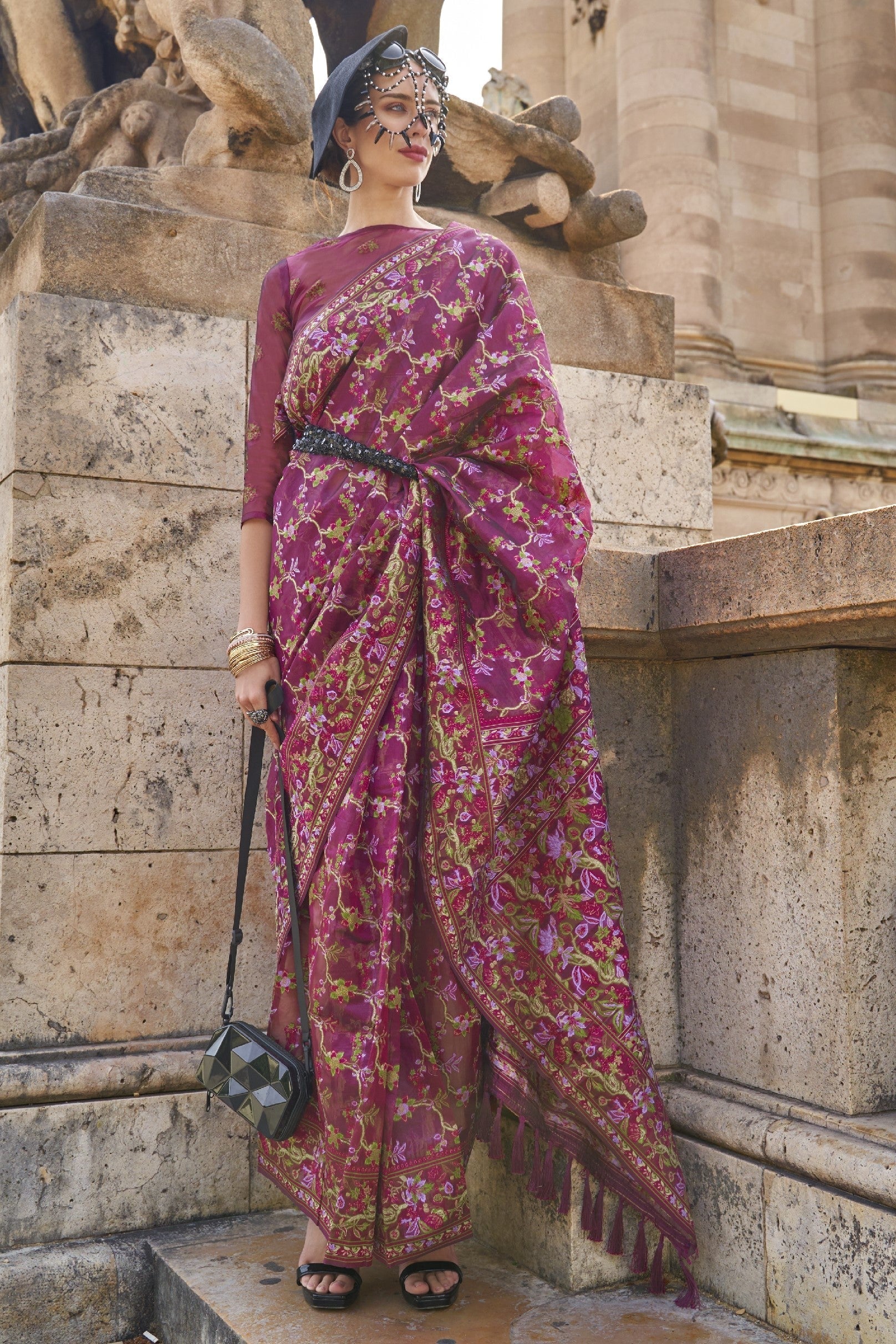 Wine Jaal Weave Organza Saree-ZB133050_1_SareeButa.com