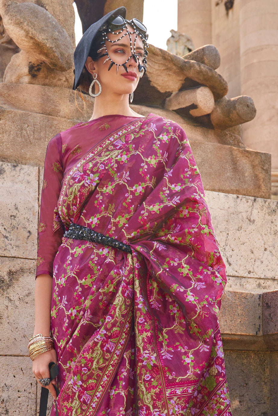 Wine Jaal Weave Organza Saree-ZB133050_2_SareeButa.com