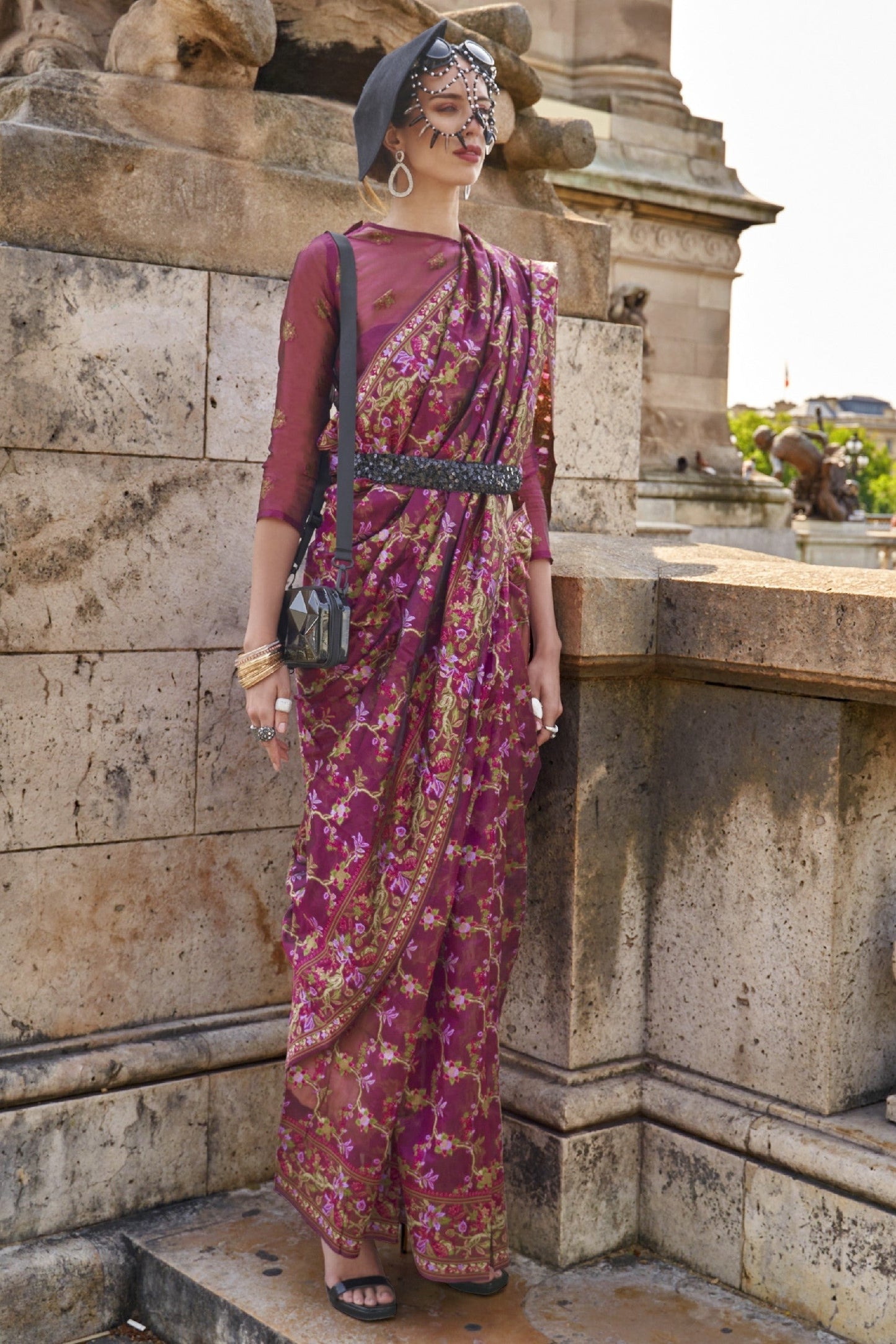 Wine Jaal Weave Organza Saree-ZB133050_3_SareeButa.com