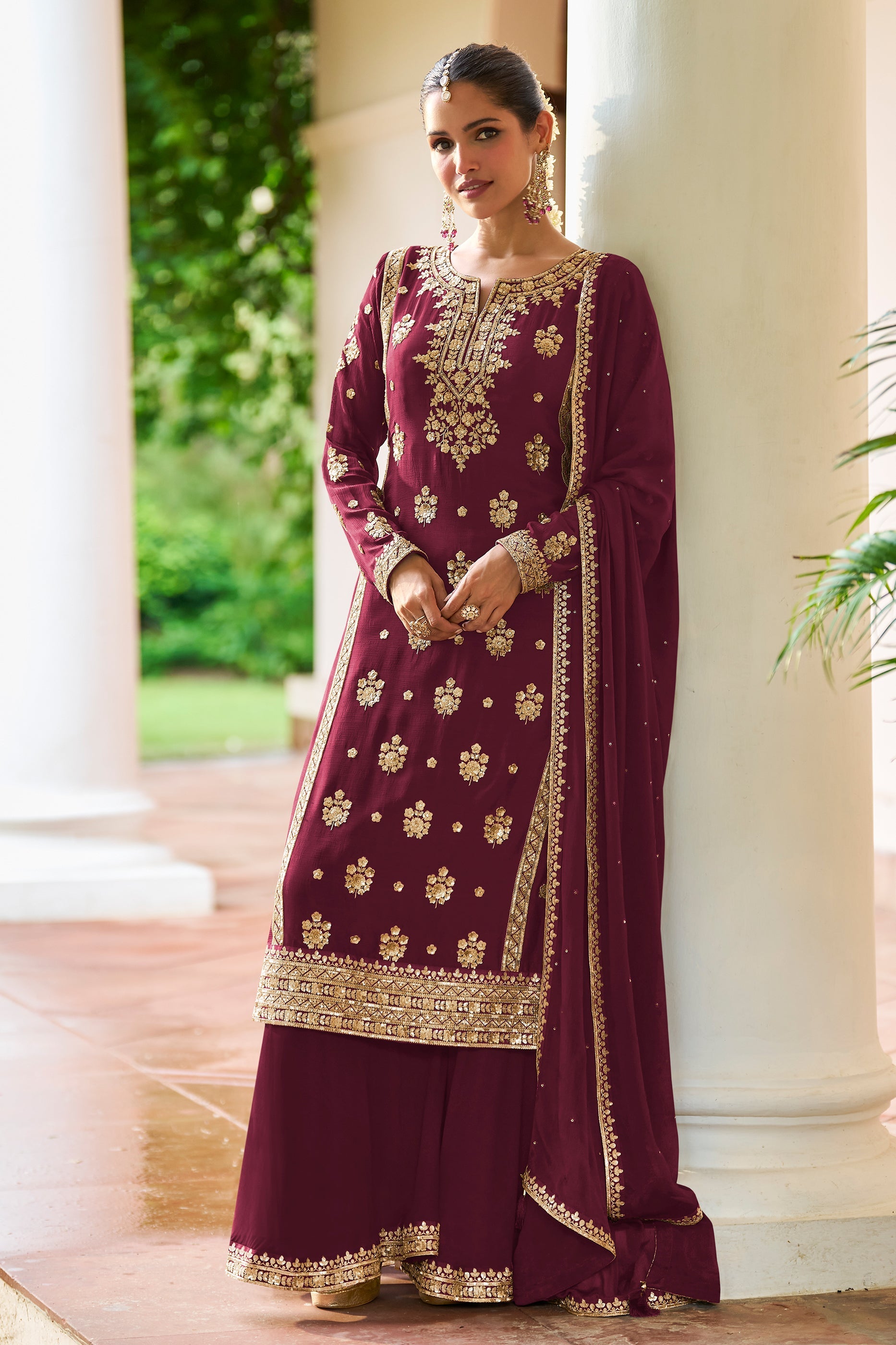 Wine Maroon Readymade Embroidered Chinon Suit
-SAR12134_1_SareeButa.com