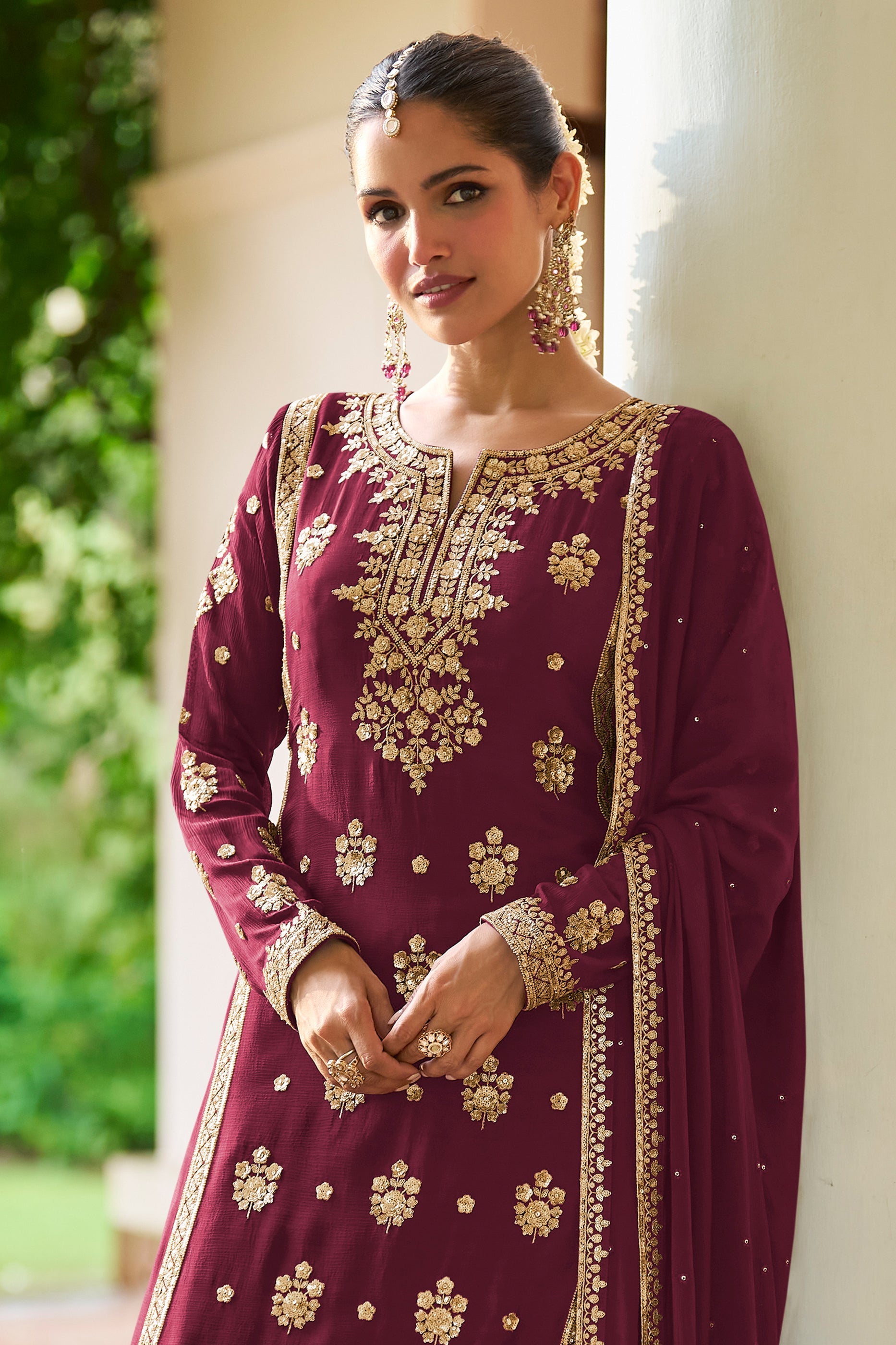 Wine Maroon Readymade Embroidered Chinon Suit
-SAR12134_2_SareeButa.com