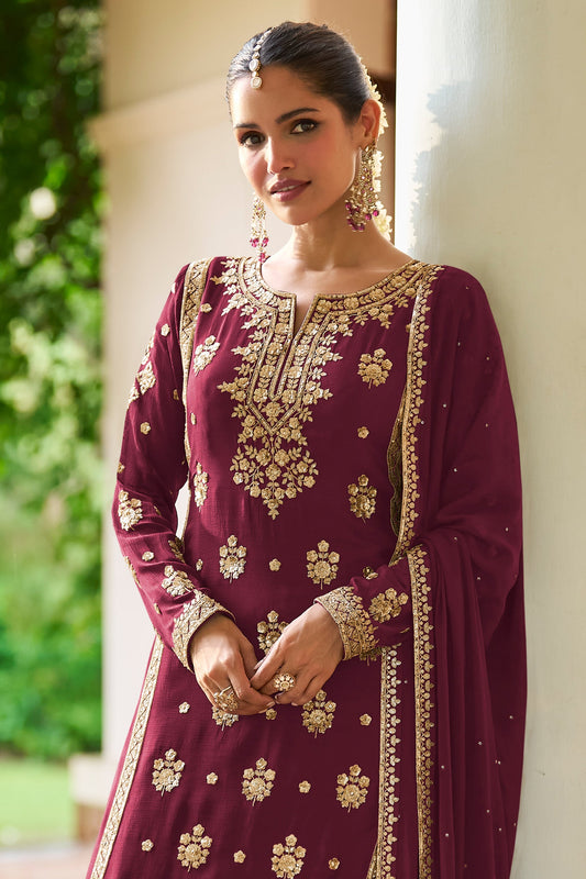 Wine Maroon Readymade Embroidered Chinon Suit
-SAR12134_2_SareeButa.com