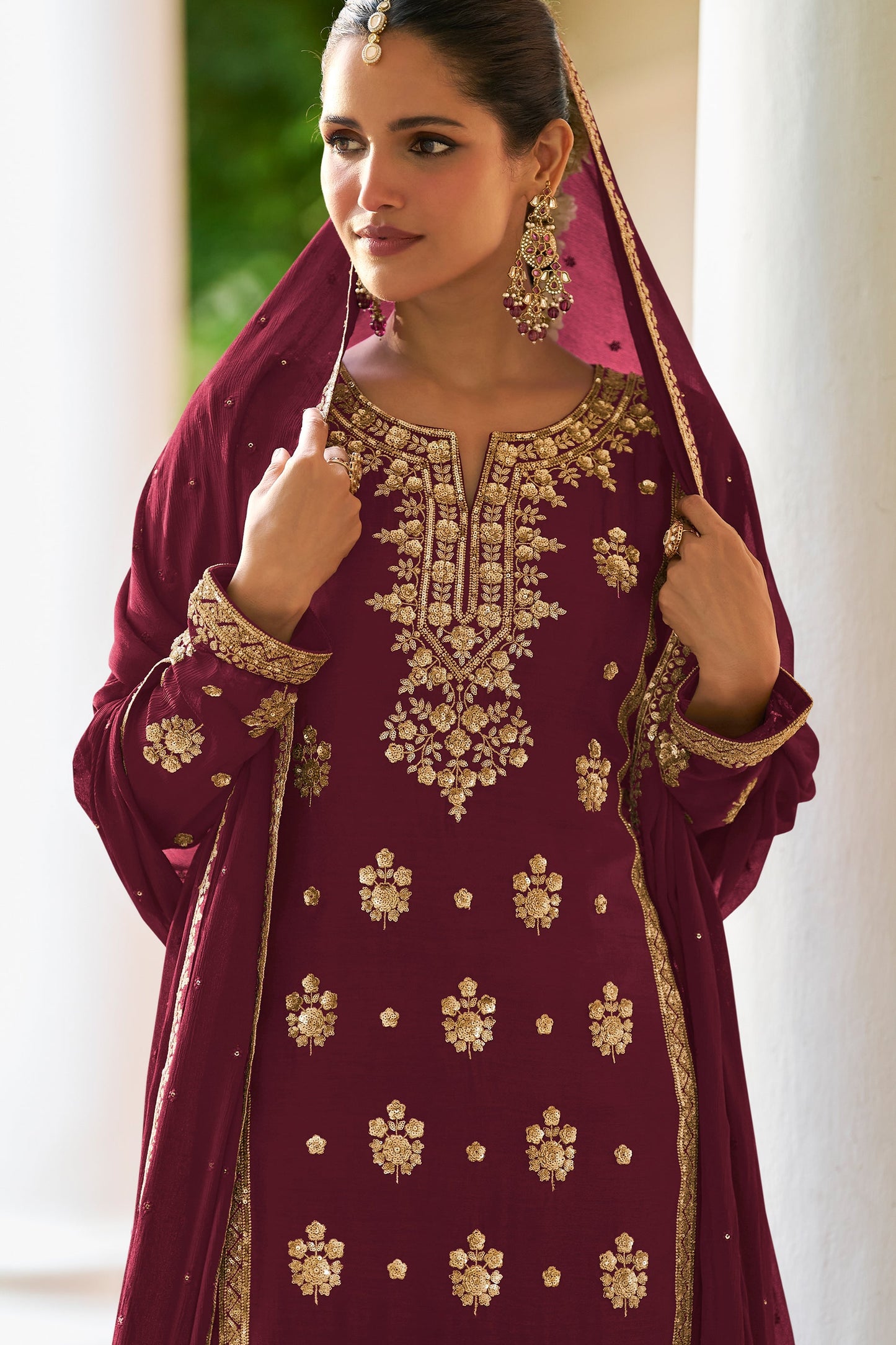 Wine Maroon Readymade Embroidered Chinon Suit
-SAR12134_3_SareeButa.com