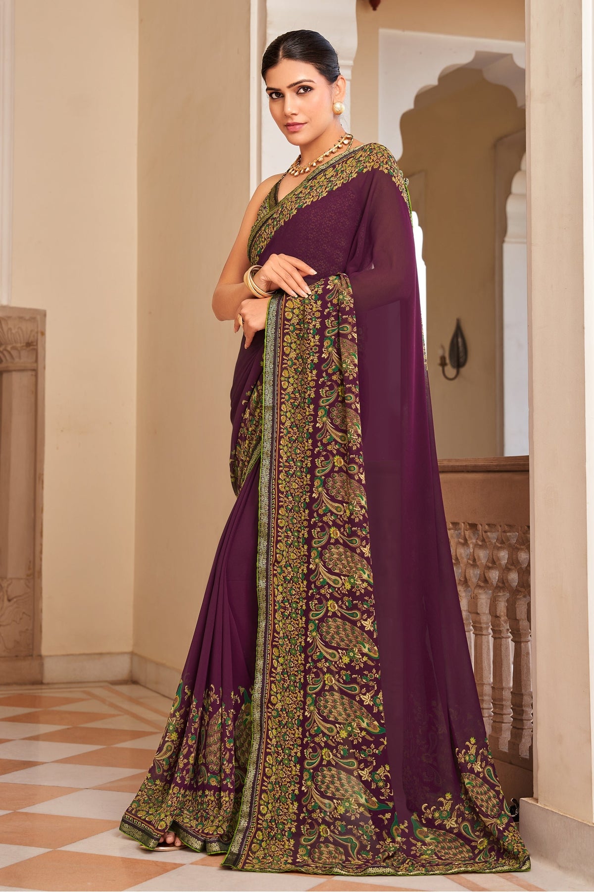 Wine Printed Georgette Saree-SAR10139_1_SareeButa.com