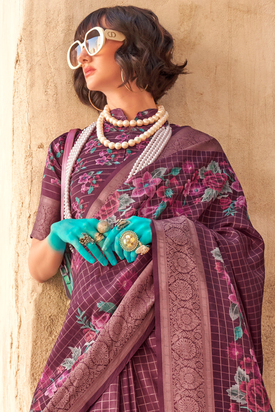 Wine Printed Georgette Saree with Jacquard Border-ZB133530_3_SareeButa.com