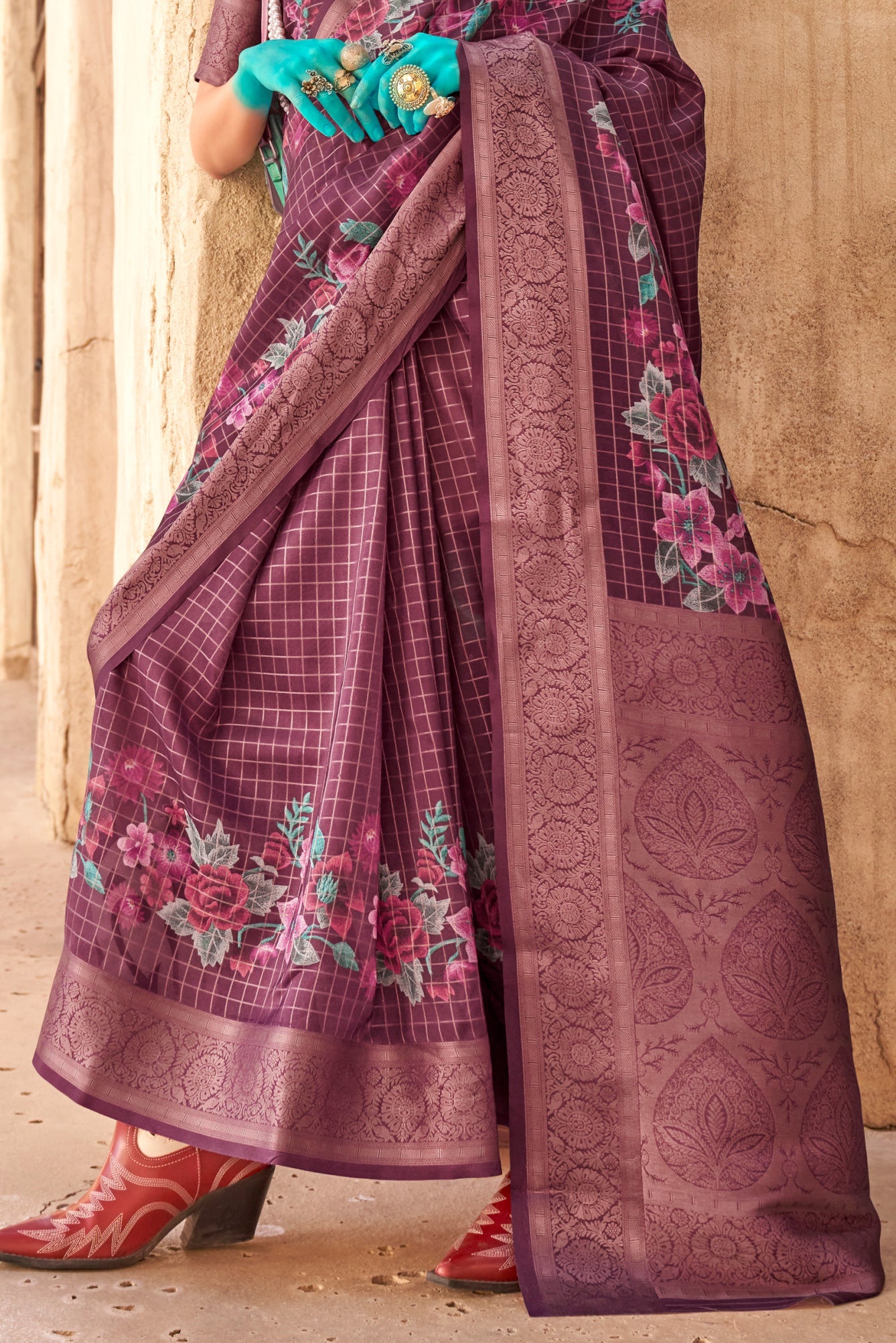 Wine Printed Georgette Saree with Jacquard Border-ZB133530_4_SareeButa.com