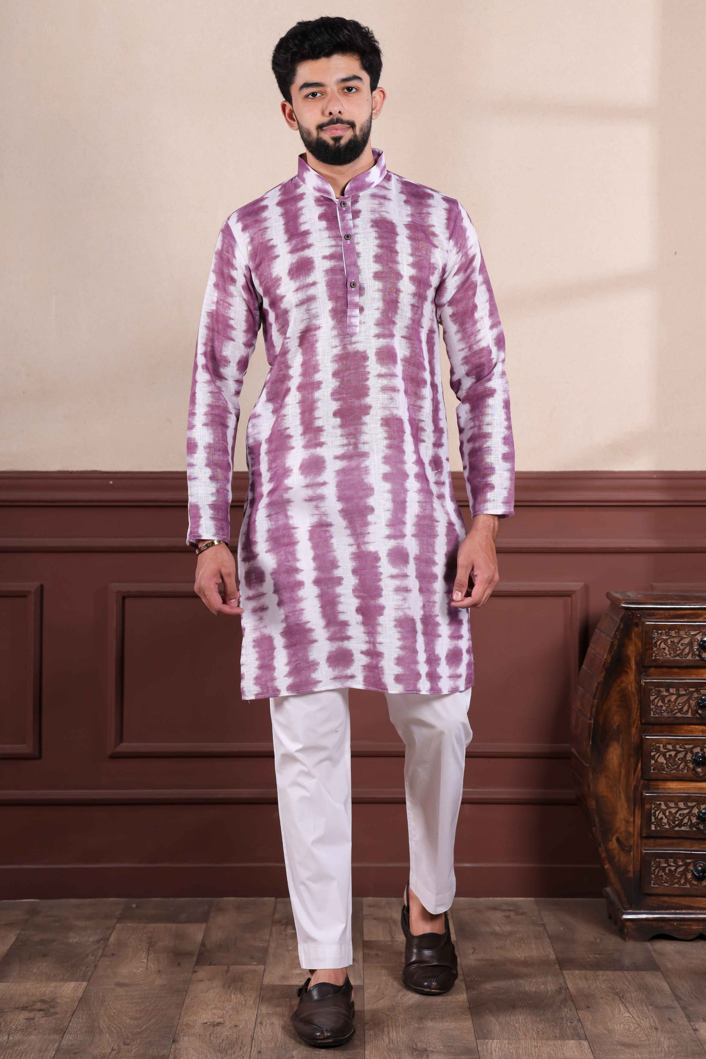Wine Printed Linen Kurta Pajama-MW76_1_SareeButa.com