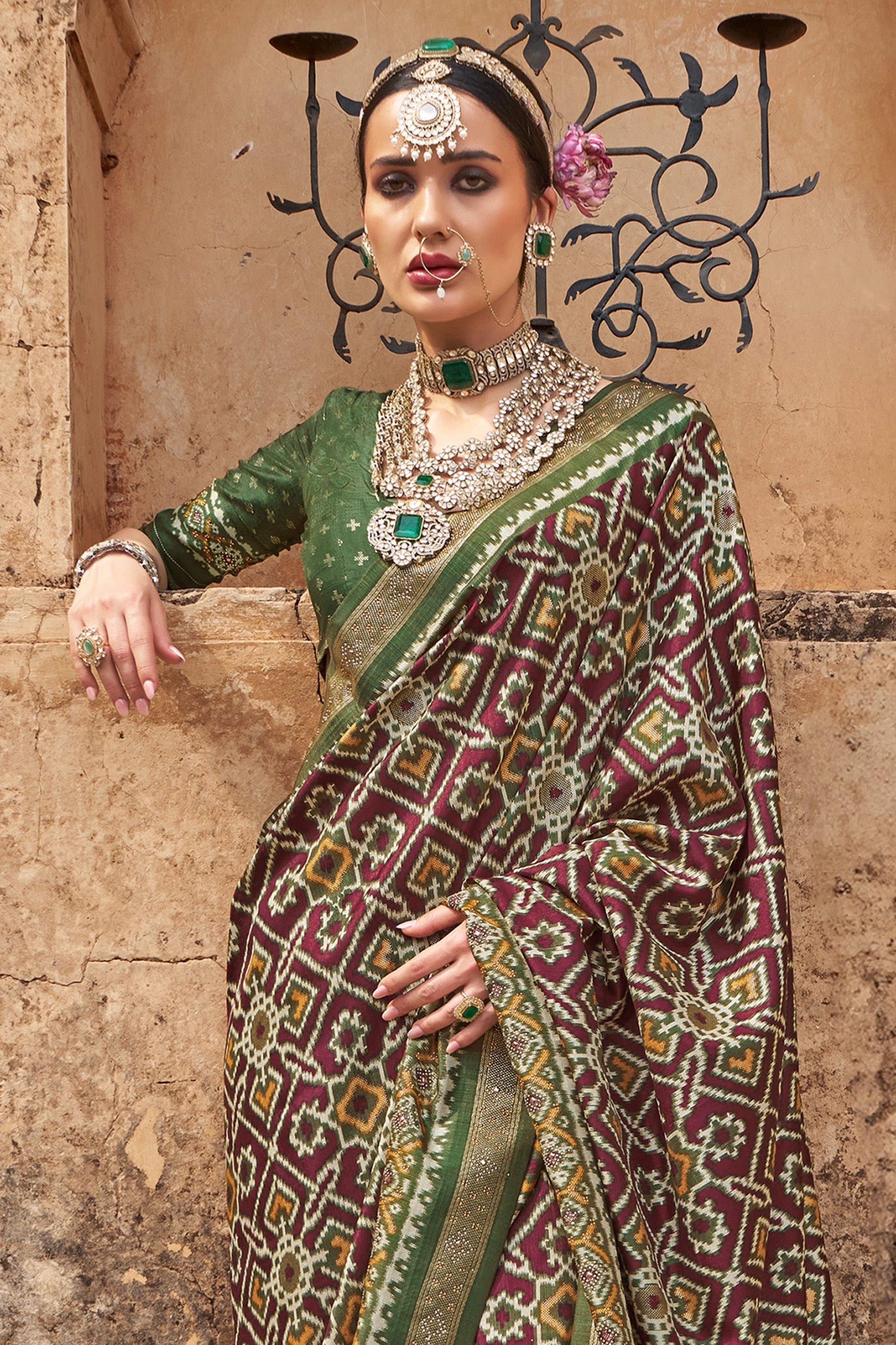 Wine Printed Silk Patola Saree-SAR11249_3_SareeButa.com