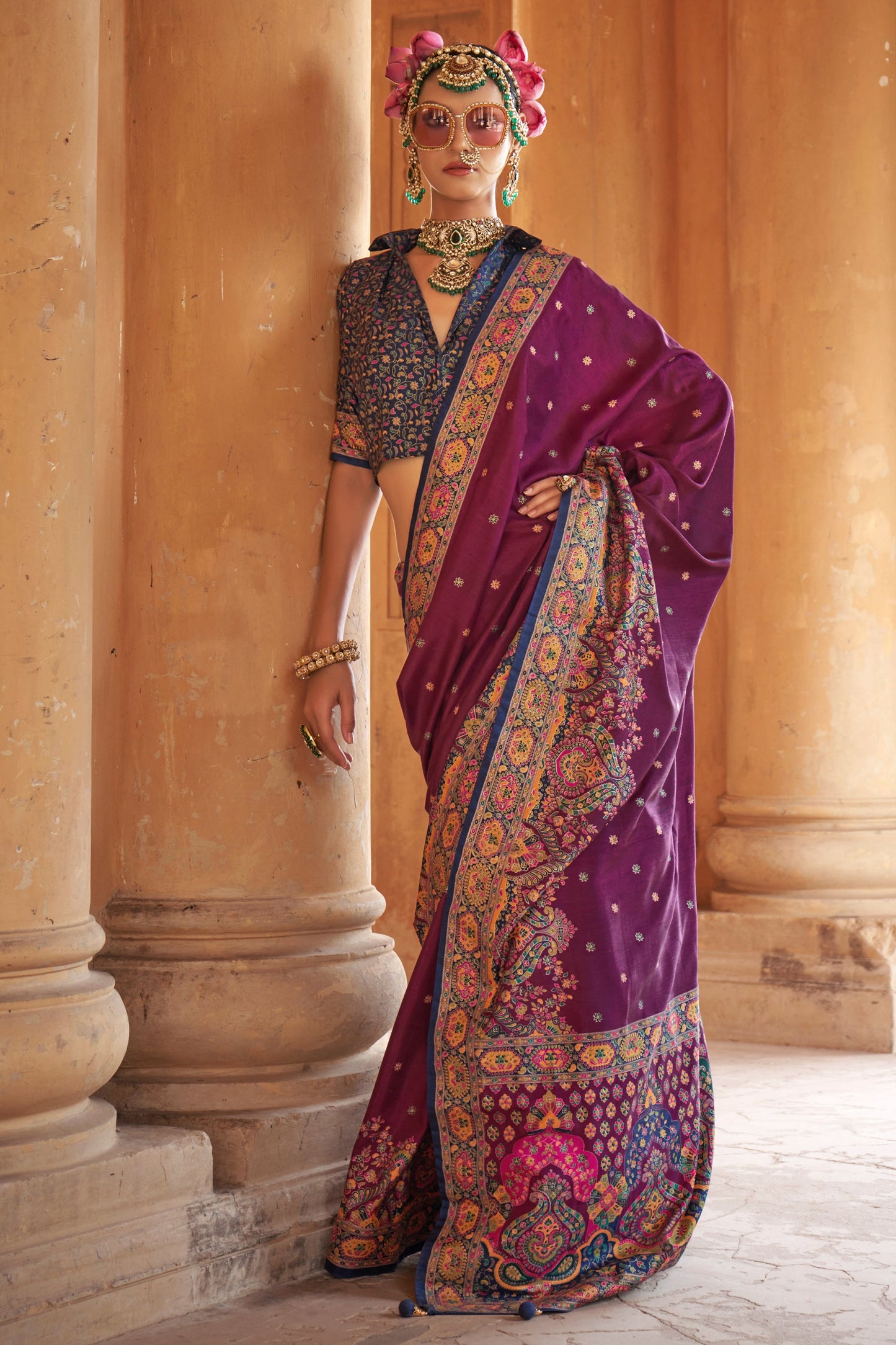 Wine Printed Viscose Silk Saree-SAR10128_1_SareeButa.com