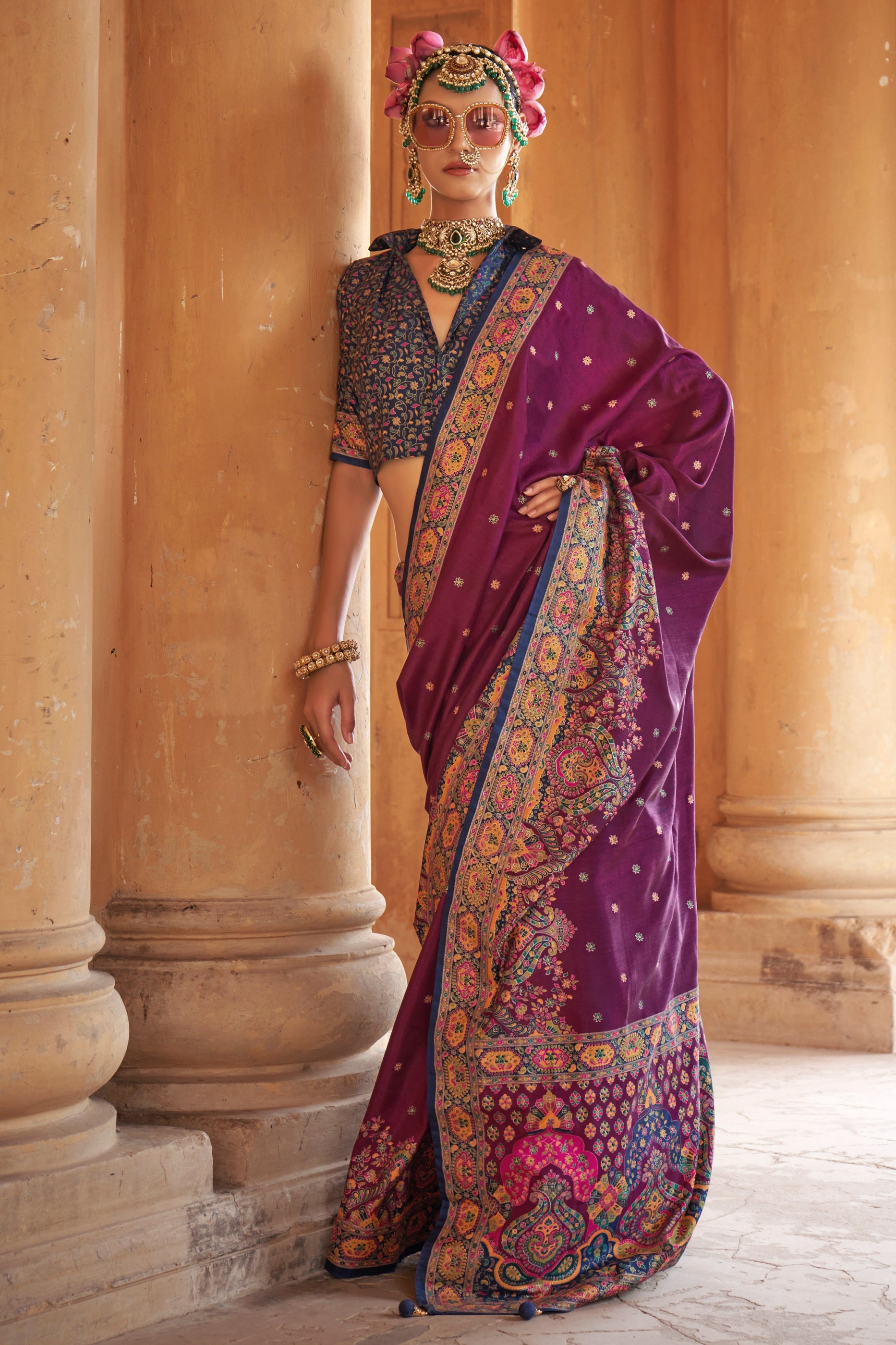 Wine Printed Viscose Silk Saree-SAR10128_1_SareeButa.com