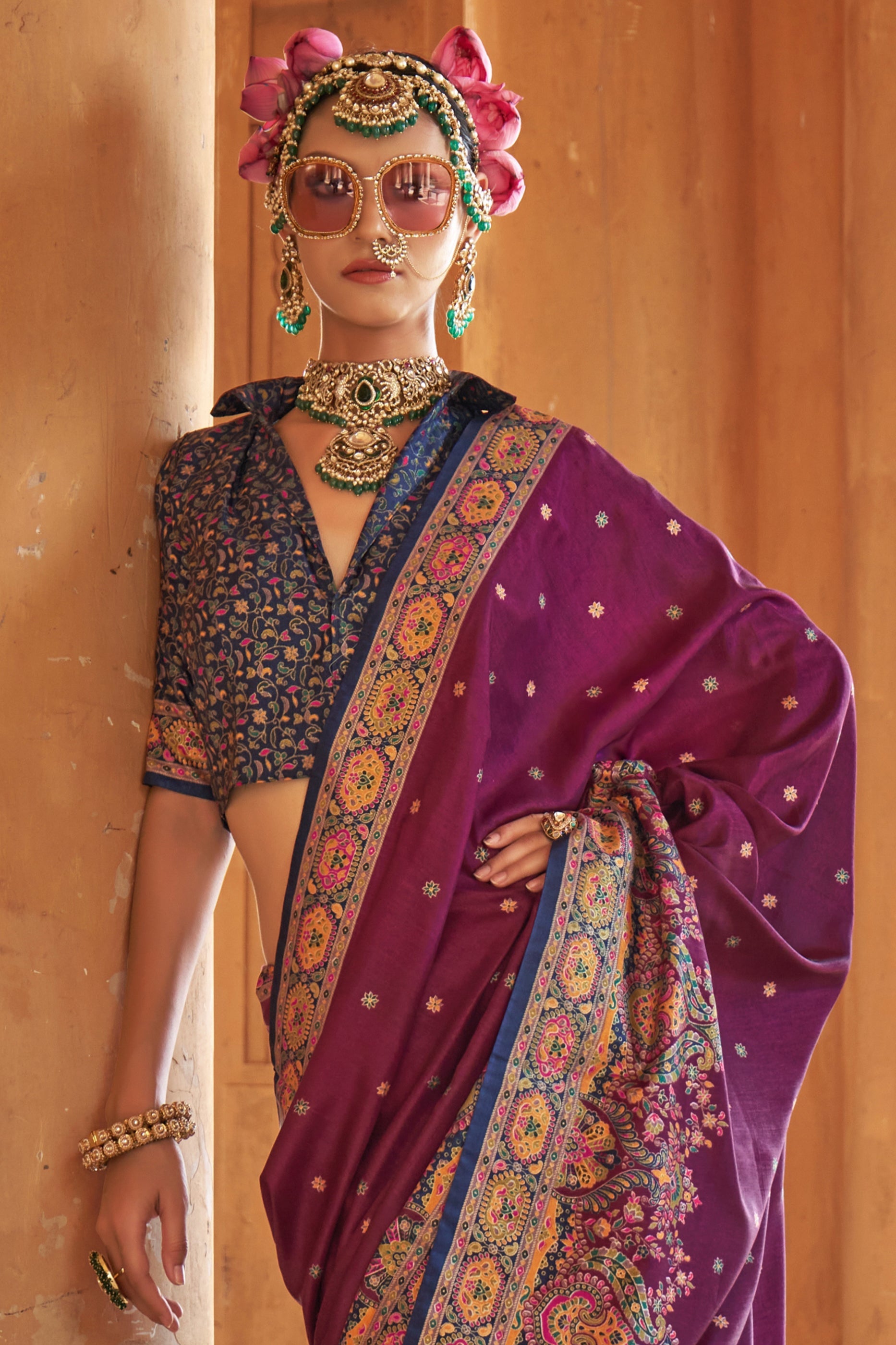 Wine Printed Viscose Silk Saree-SAR10128_3_SareeButa.com