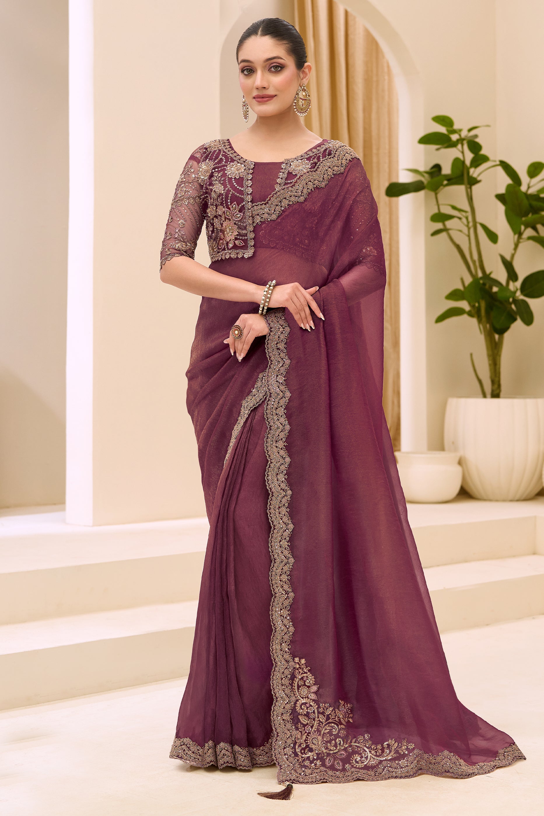 Wine Purple Embroidered Tissue Georgette Saree-SAR12451_1_SareeButa.com