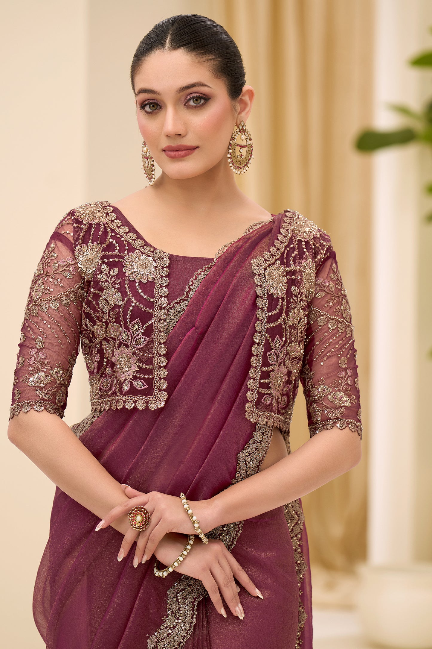Wine Purple Embroidered Tissue Georgette Saree-SAR12451_4_SareeButa.com