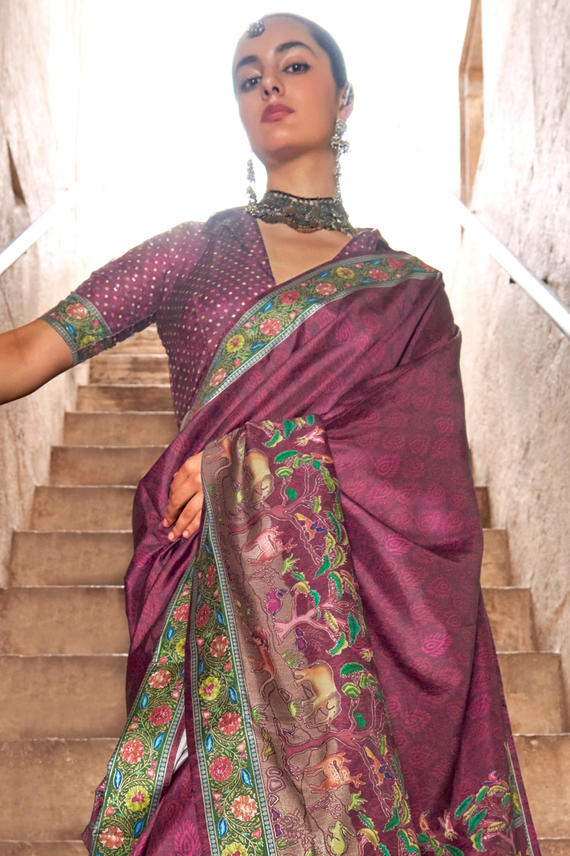 Wine Purple Printed Viscose Silk Saree-SAR10415_3_SareeButa.com