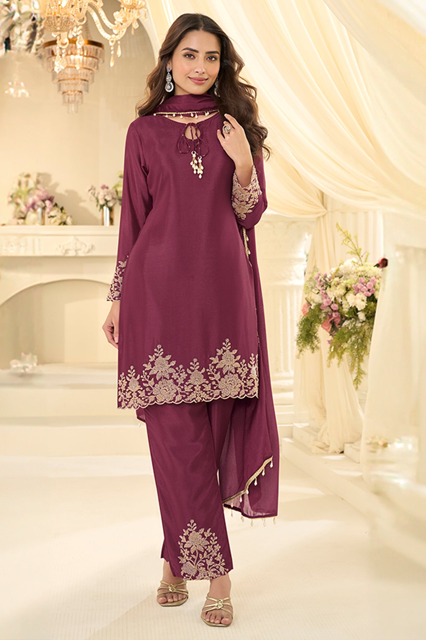 Wine Readymade Bead Work Chinon Silk Suit-SAR12197_1_SareeButa.com