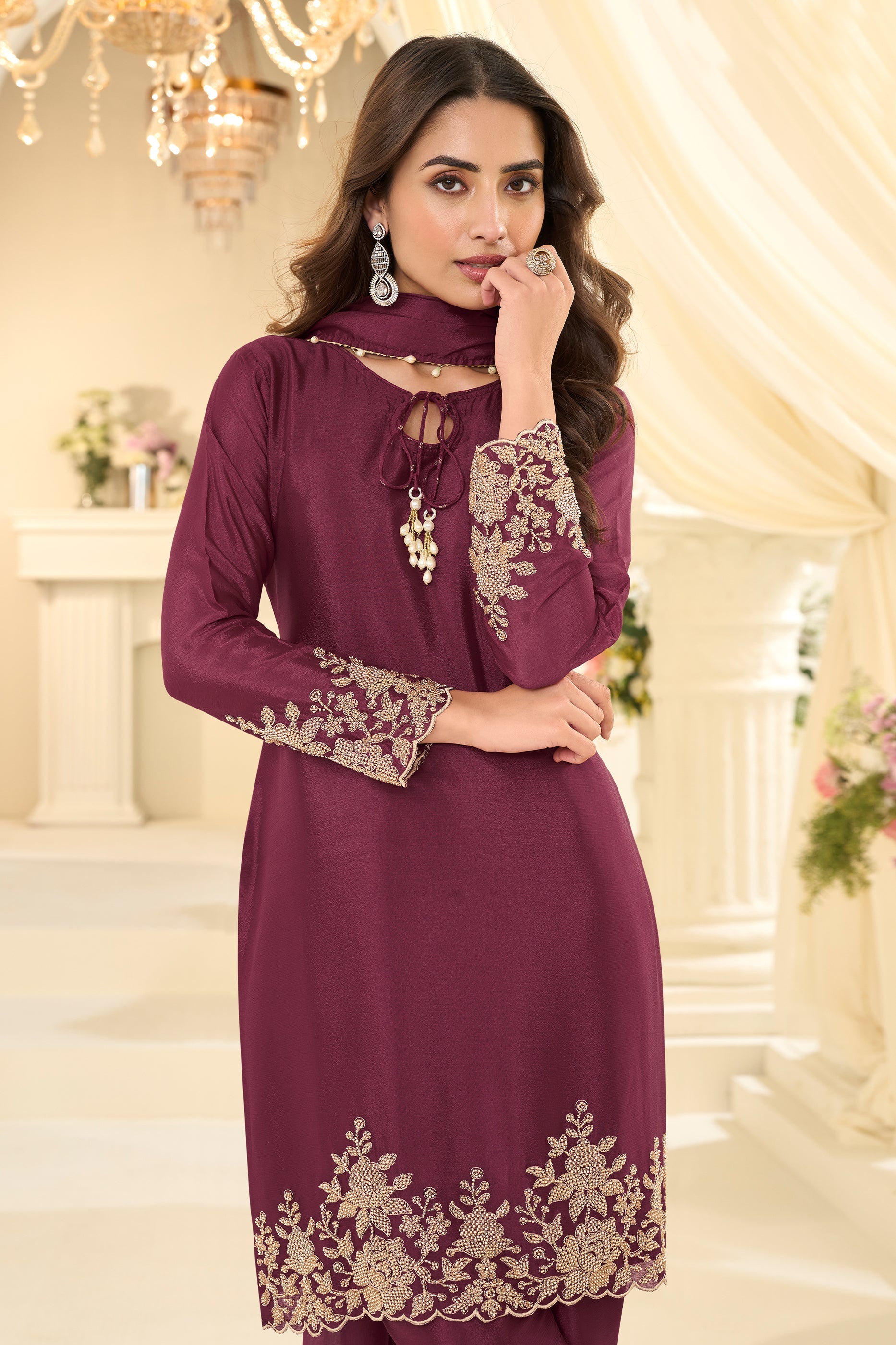 Wine Readymade Bead Work Chinon Silk Suit-SAR12197_2_SareeButa.com