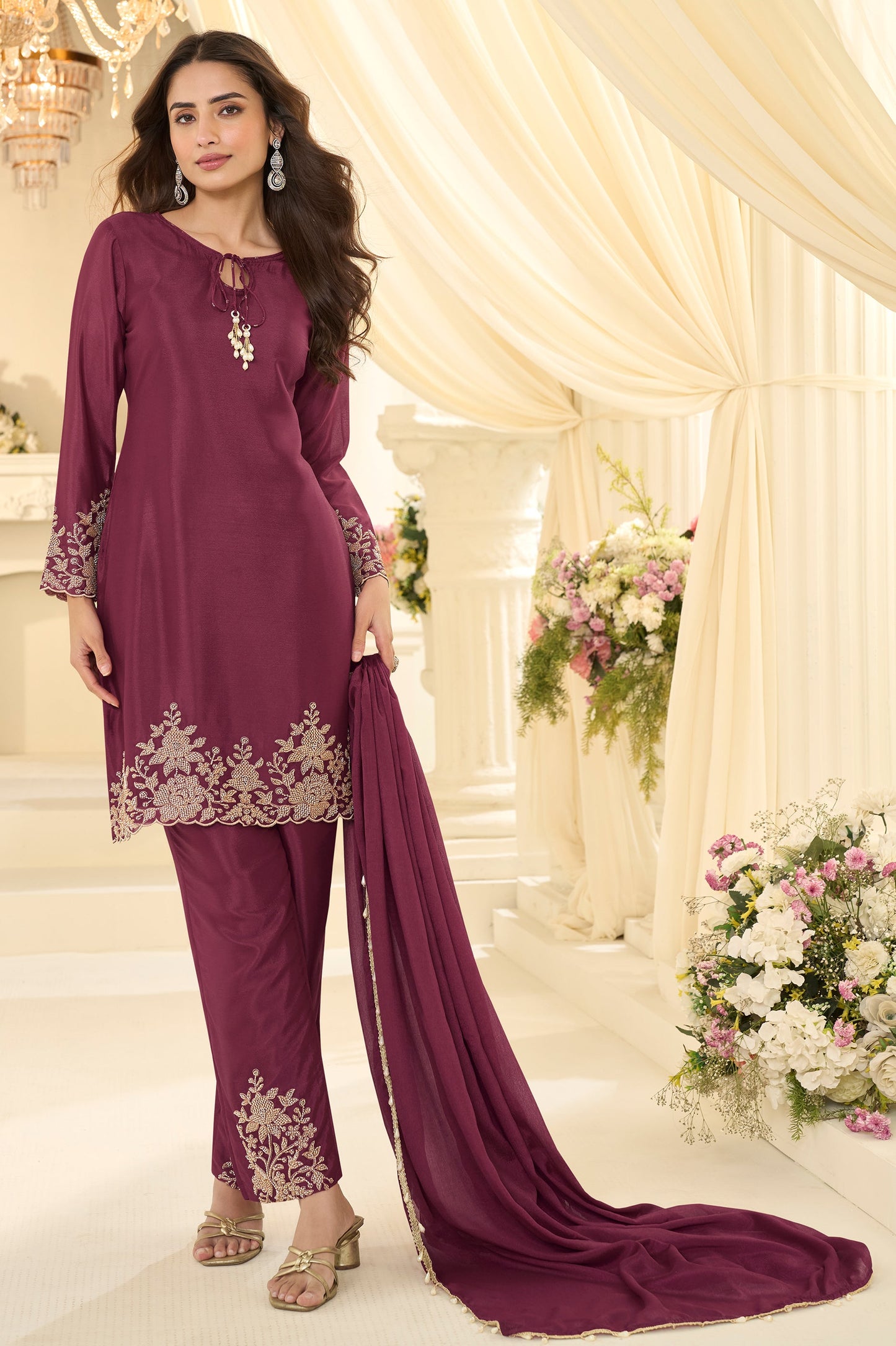 Wine Readymade Bead Work Chinon Silk Suit-SAR12197_3_SareeButa.com