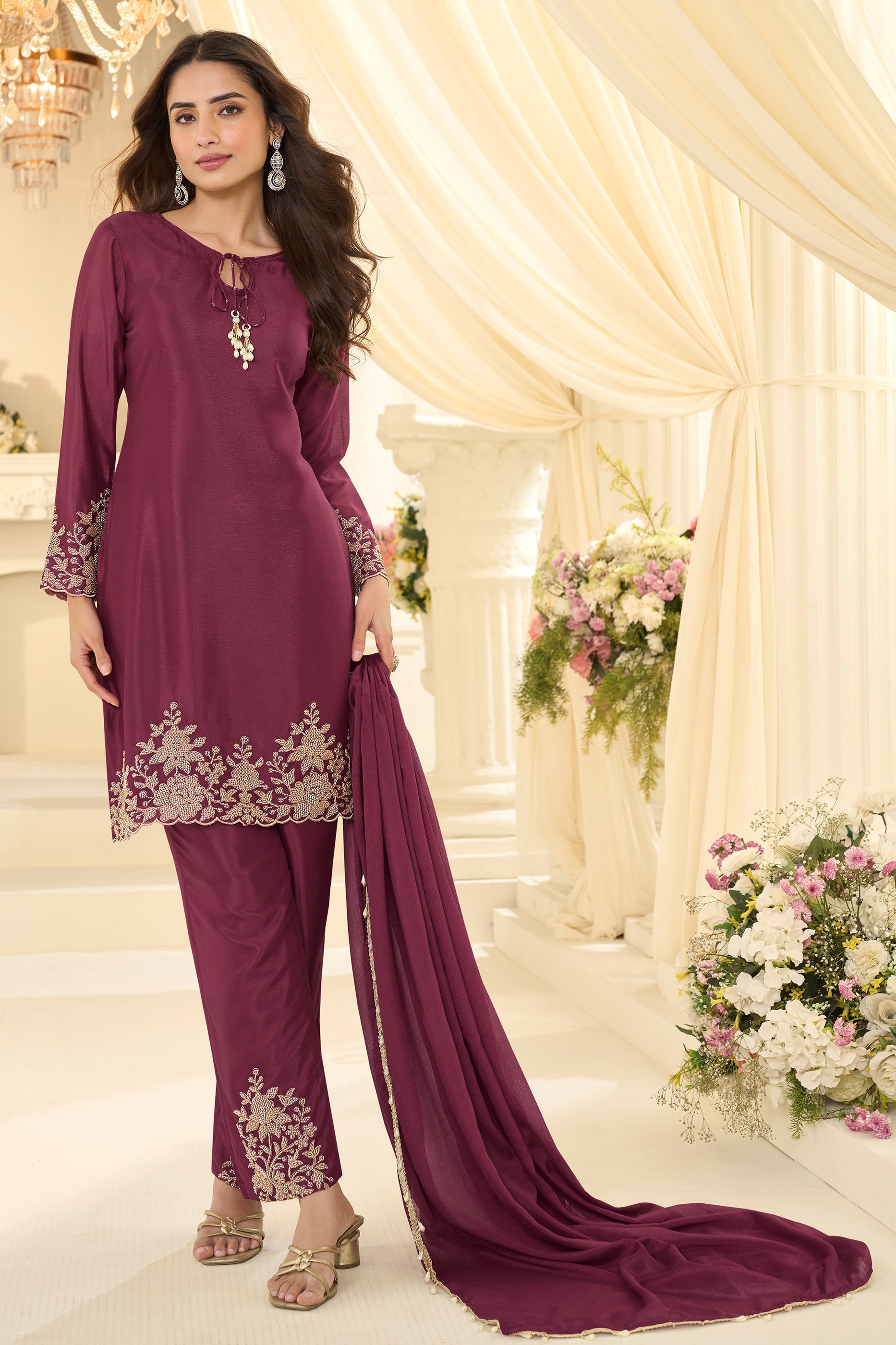 Wine Readymade Bead Work Chinon Silk Suit-SAR12197_3_SareeButa.com