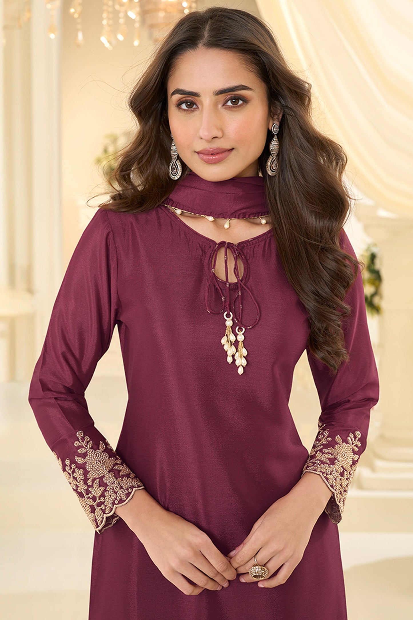 Wine Readymade Bead Work Chinon Silk Suit-SAR12197_4_SareeButa.com