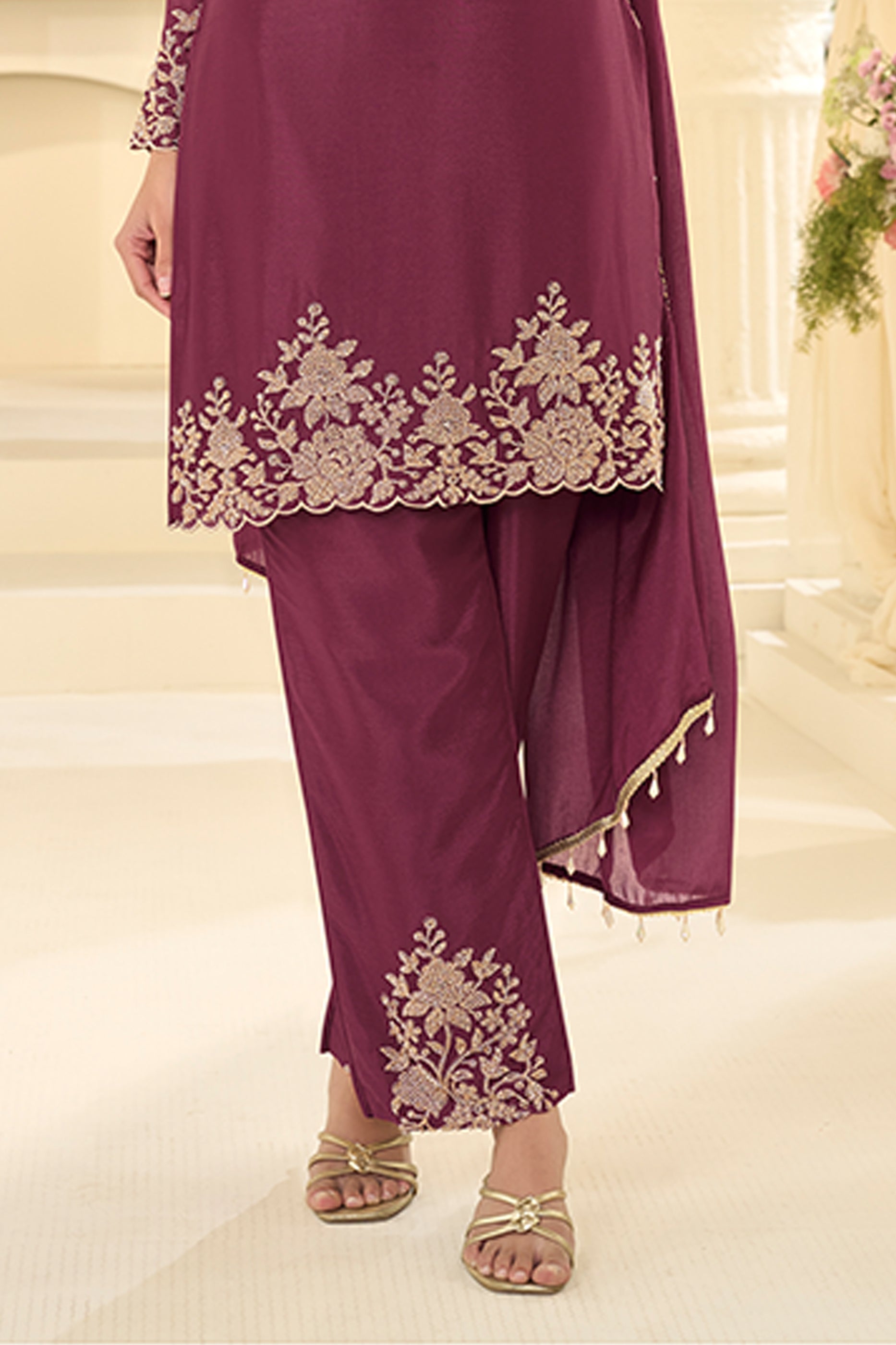 Wine Readymade Bead Work Chinon Silk Suit-SAR12197_5_SareeButa.com