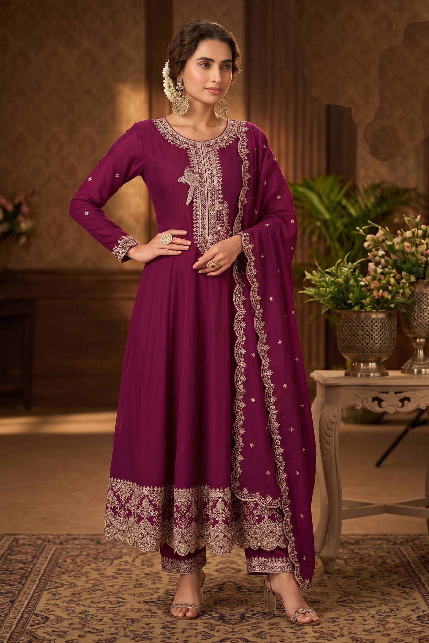 Wine Readymade Embroidered Anarkali Suit-SAR13014_1_SareeButa.com