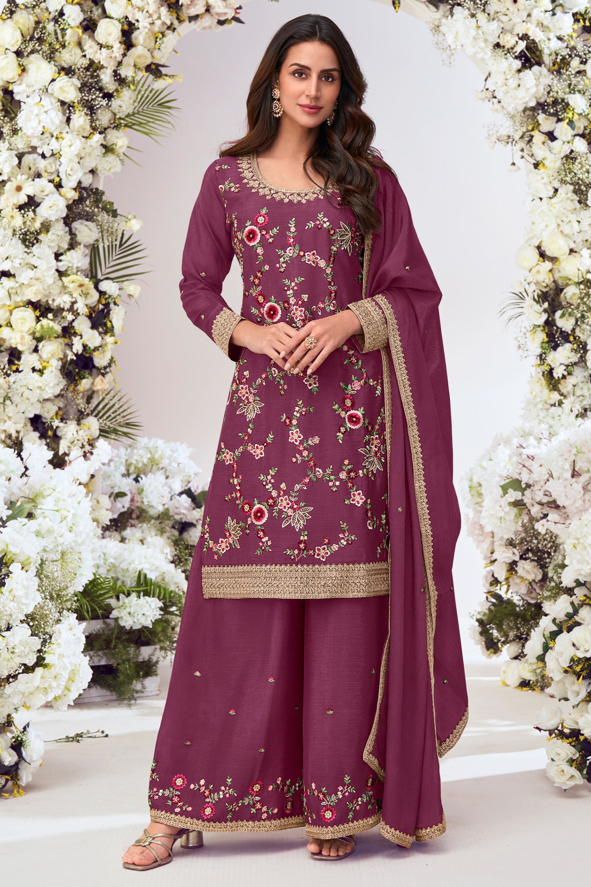 Wine Readymade Embroidered Chinon Palazzo Suit-SS782_1_SareeButa.com