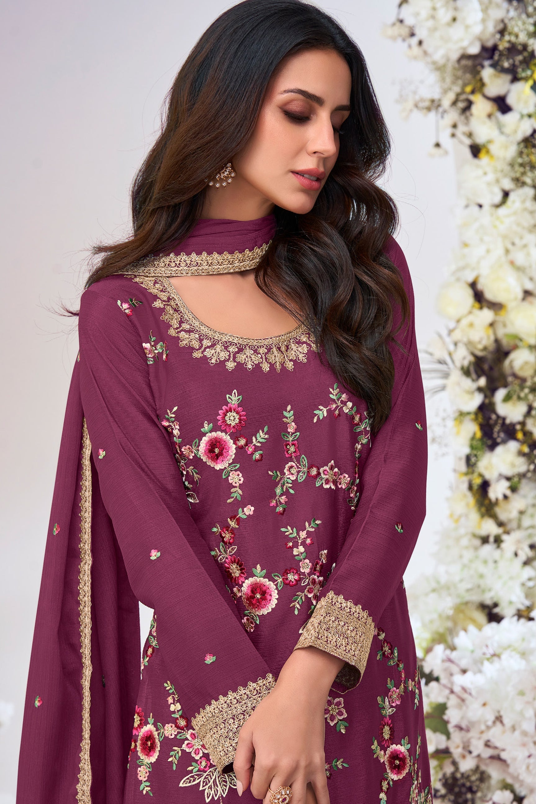 Wine Readymade Embroidered Chinon Palazzo Suit-SS782_2_SareeButa.com