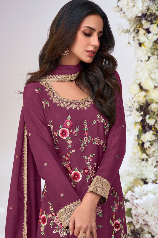 Wine Readymade Embroidered Chinon Palazzo Suit-SS782_2_SareeButa.com