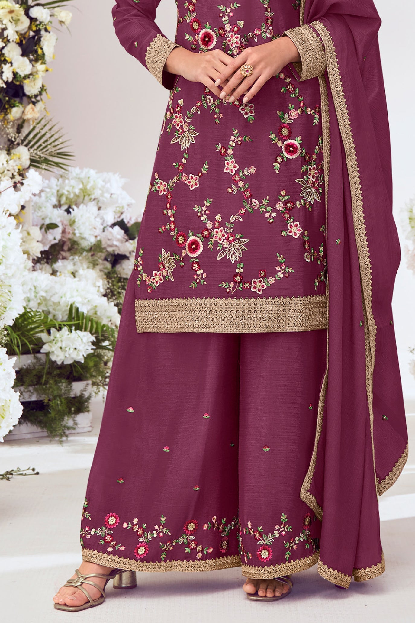 Wine Readymade Embroidered Chinon Palazzo Suit-SS782_3_SareeButa.com