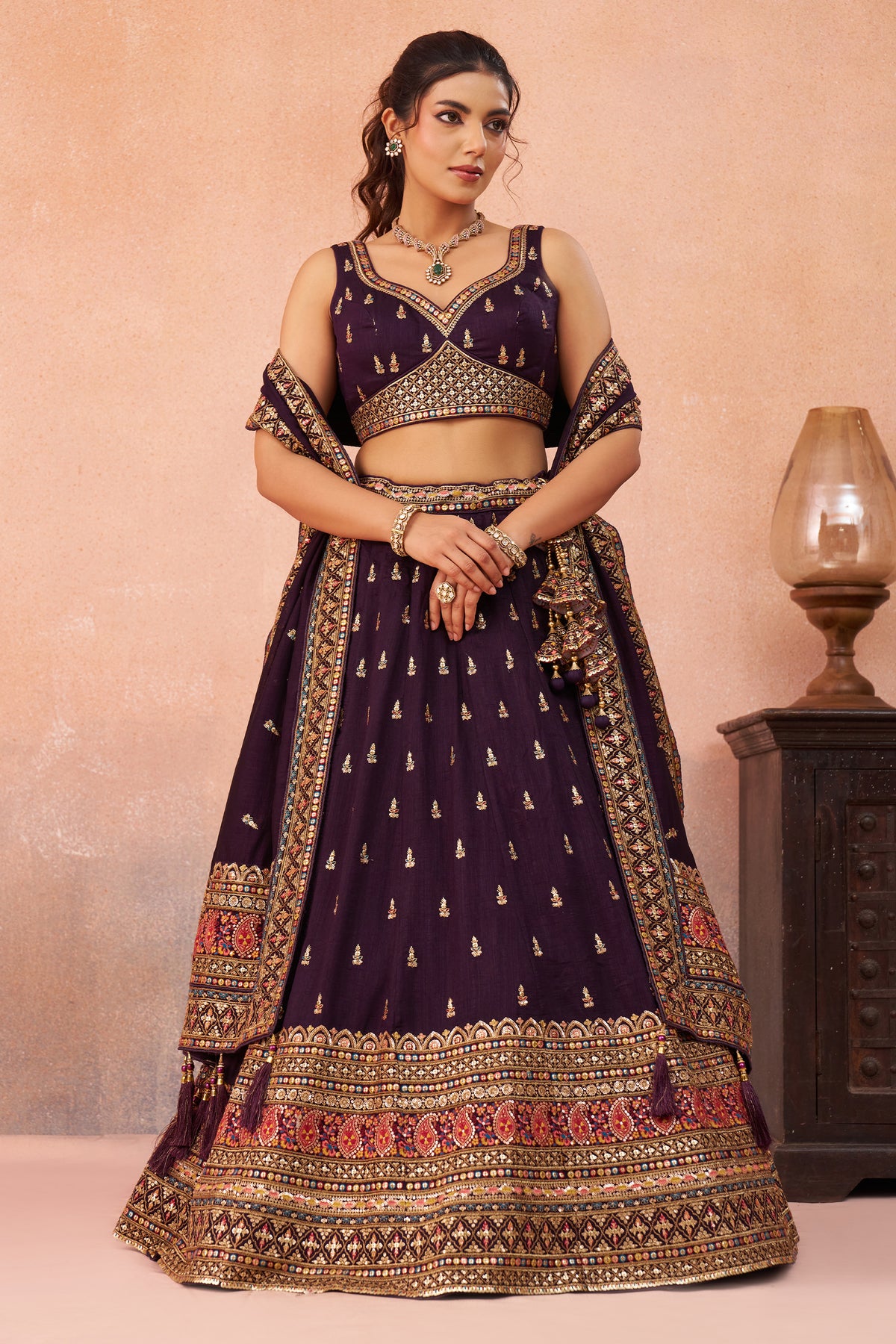 Wine Readymade Embroidered Chinon Silk Lehenga-SAR12872_1_SareeButa.com
