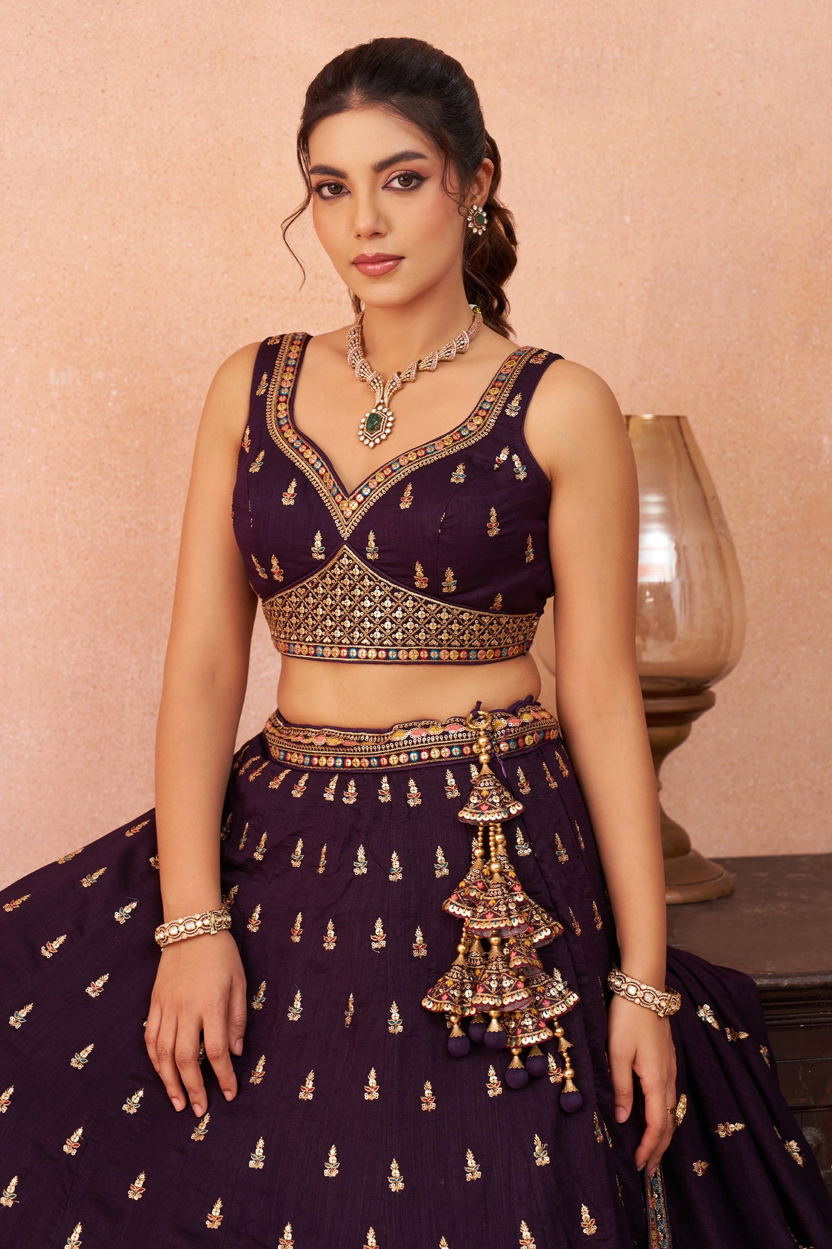 Wine Readymade Embroidered Chinon Silk Lehenga-SAR12872_2_SareeButa.com