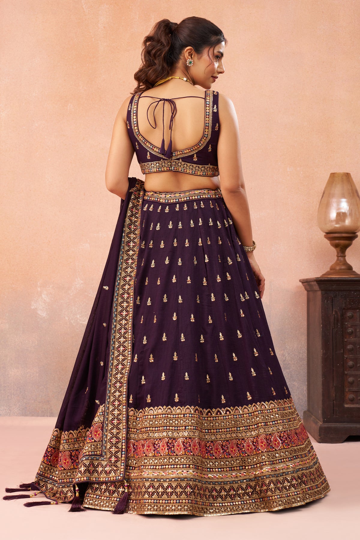 Wine Readymade Embroidered Chinon Silk Lehenga-SAR12872_3_SareeButa.com