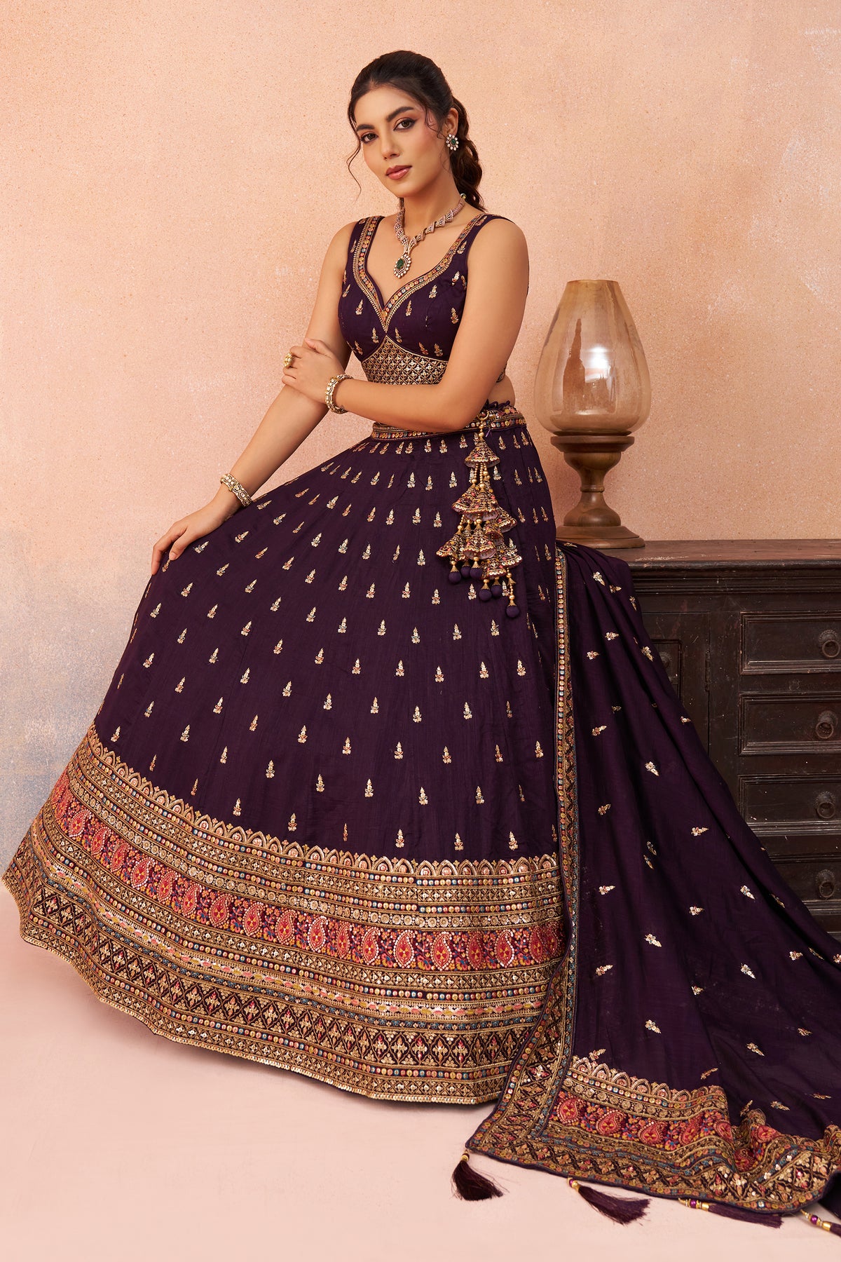 Wine Readymade Embroidered Chinon Silk Lehenga-SAR12872_4_SareeButa.com
