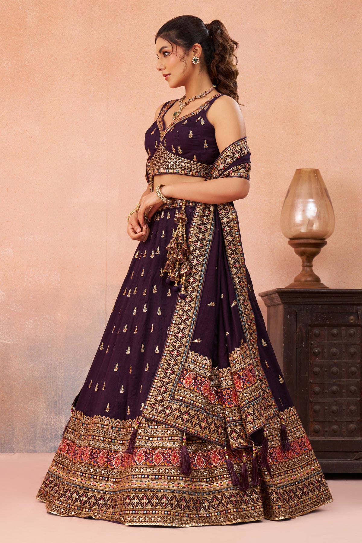 Wine Readymade Embroidered Chinon Silk Lehenga-SAR12872_5_SareeButa.com