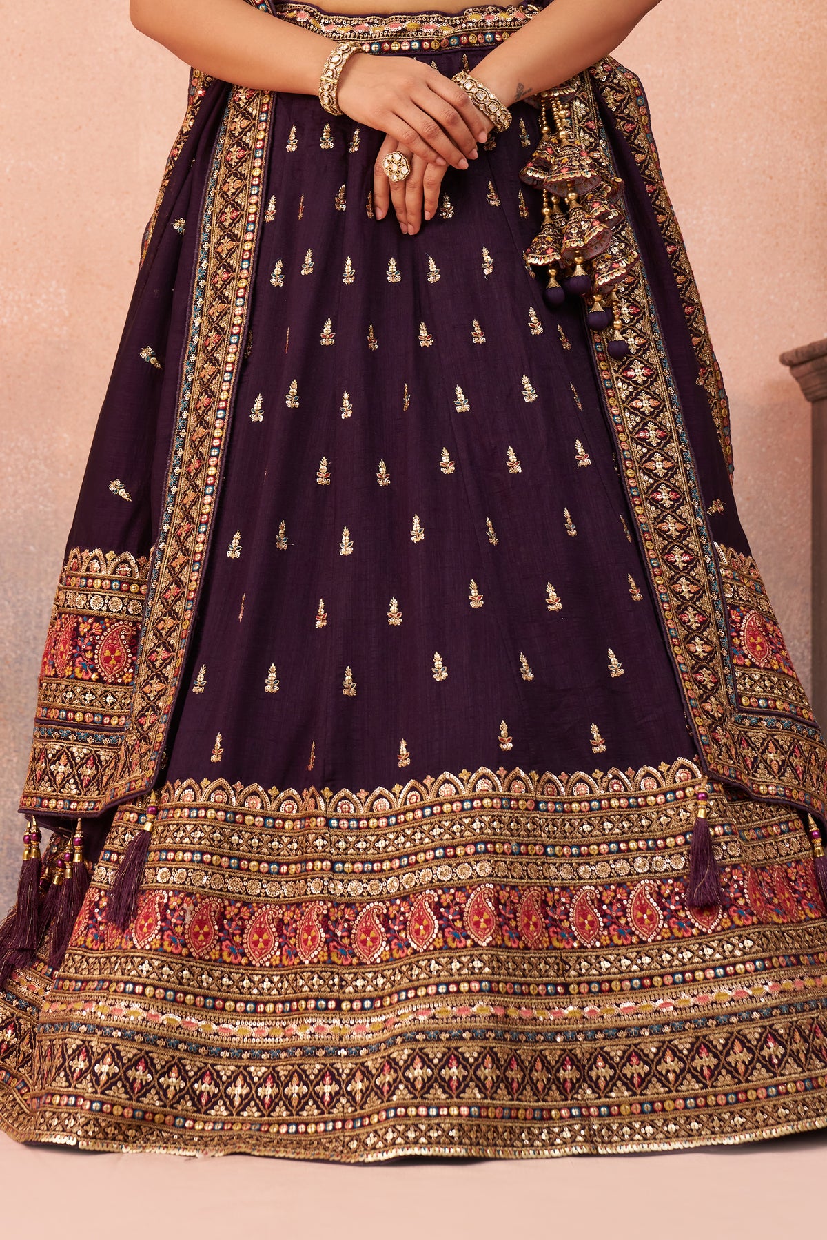 Wine Readymade Embroidered Chinon Silk Lehenga-SAR12872_6_SareeButa.com