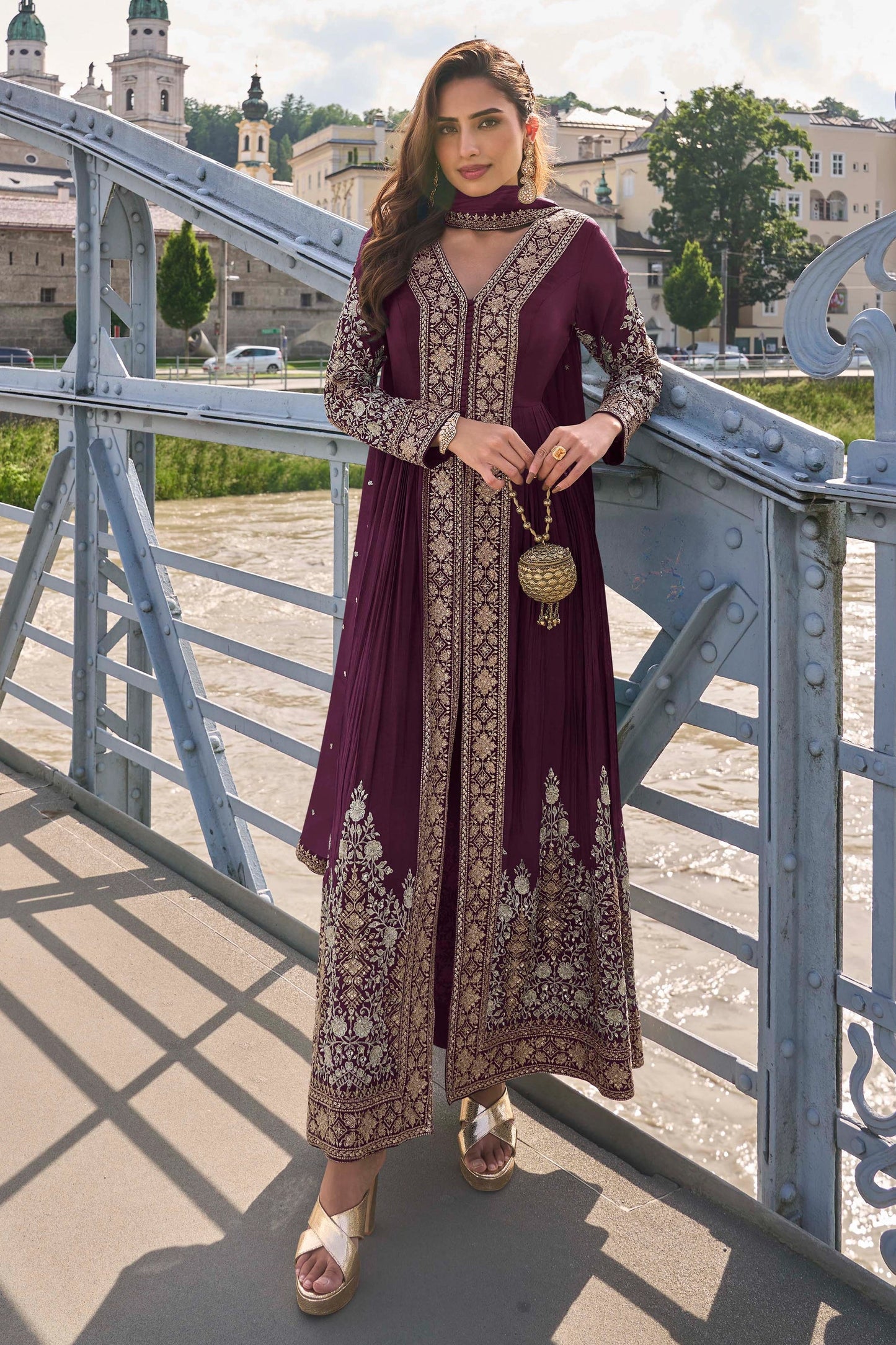 Wine Readymade Embroidered Chinon Suit-SAR11376_1_SareeButa.com