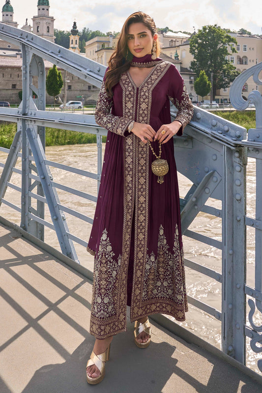 Wine Readymade Embroidered Chinon Suit-SAR11376_1_SareeButa.com